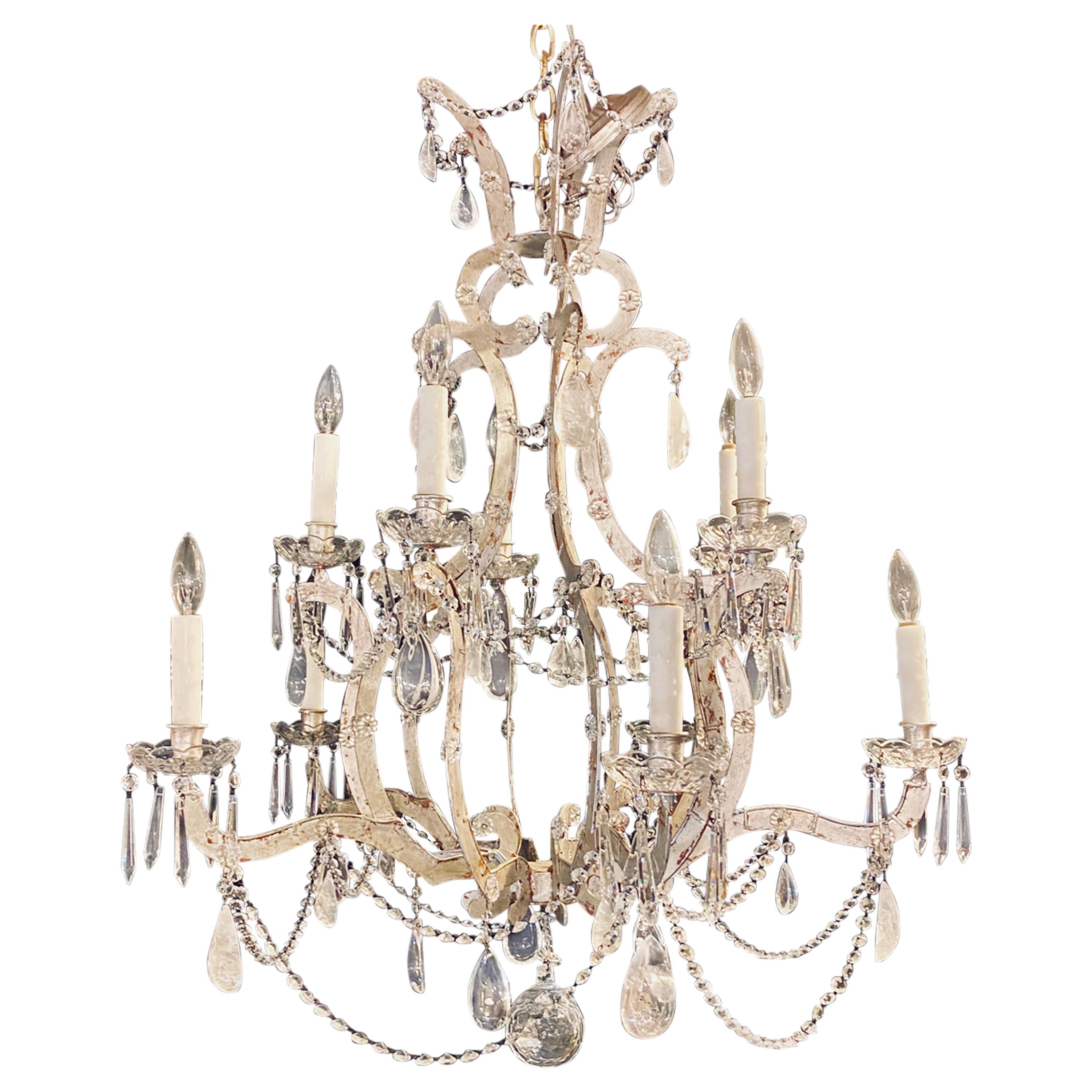 Rock Crystal Silver Gilt & Iron Chandelier 10-Light with Multiple Crystals