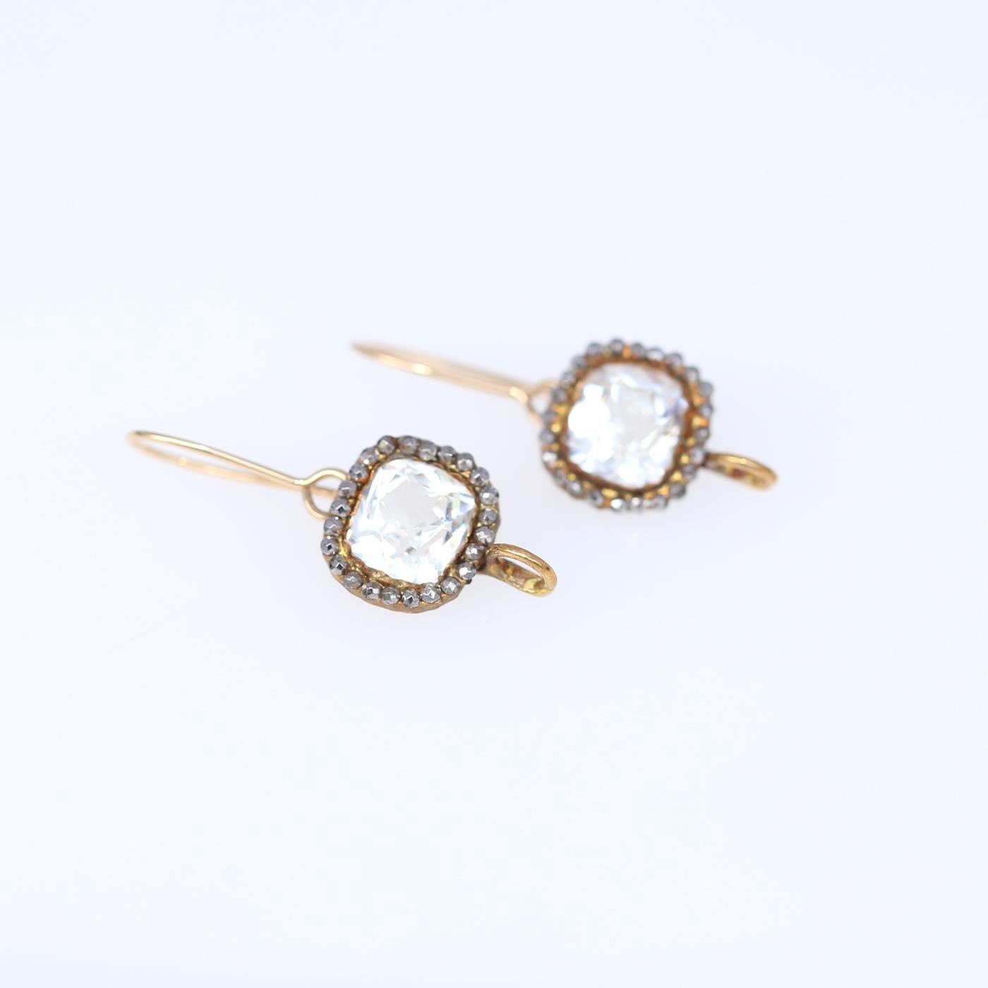 Rock Crystal Silver Gold Earrings Sustainable. Created in 1850.

The classic design of its period with a big jewel mounted in an almost circular shape on a long gold loop lock. It was mighty impressive at the end of the 19th century. Fine antique