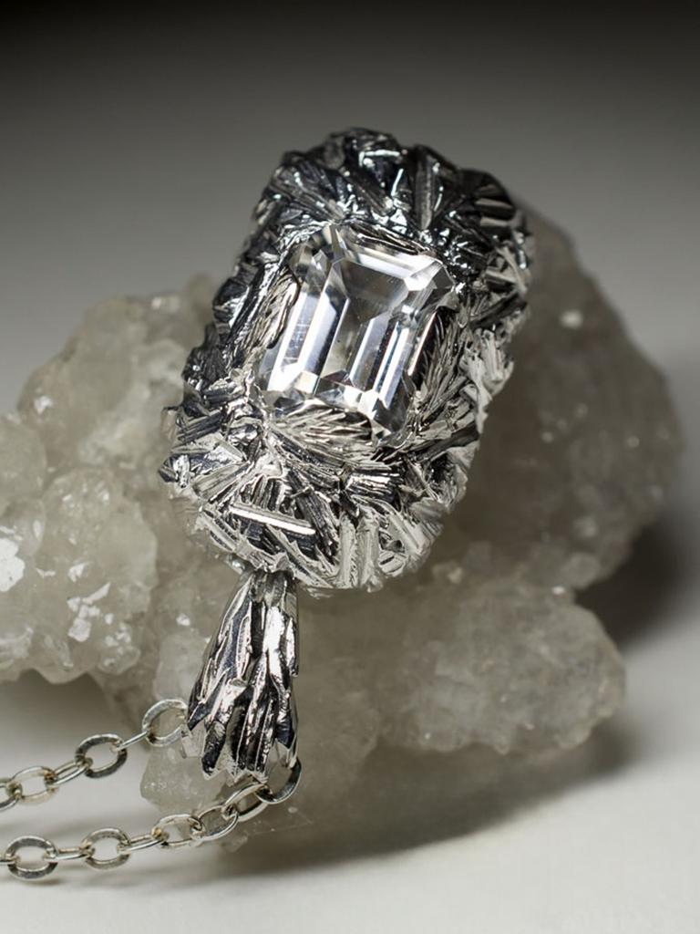 Artist Rock Crystal Silver Pendant Baguette Cut Brazilian Pure Clear Quartz Gemstone For Sale