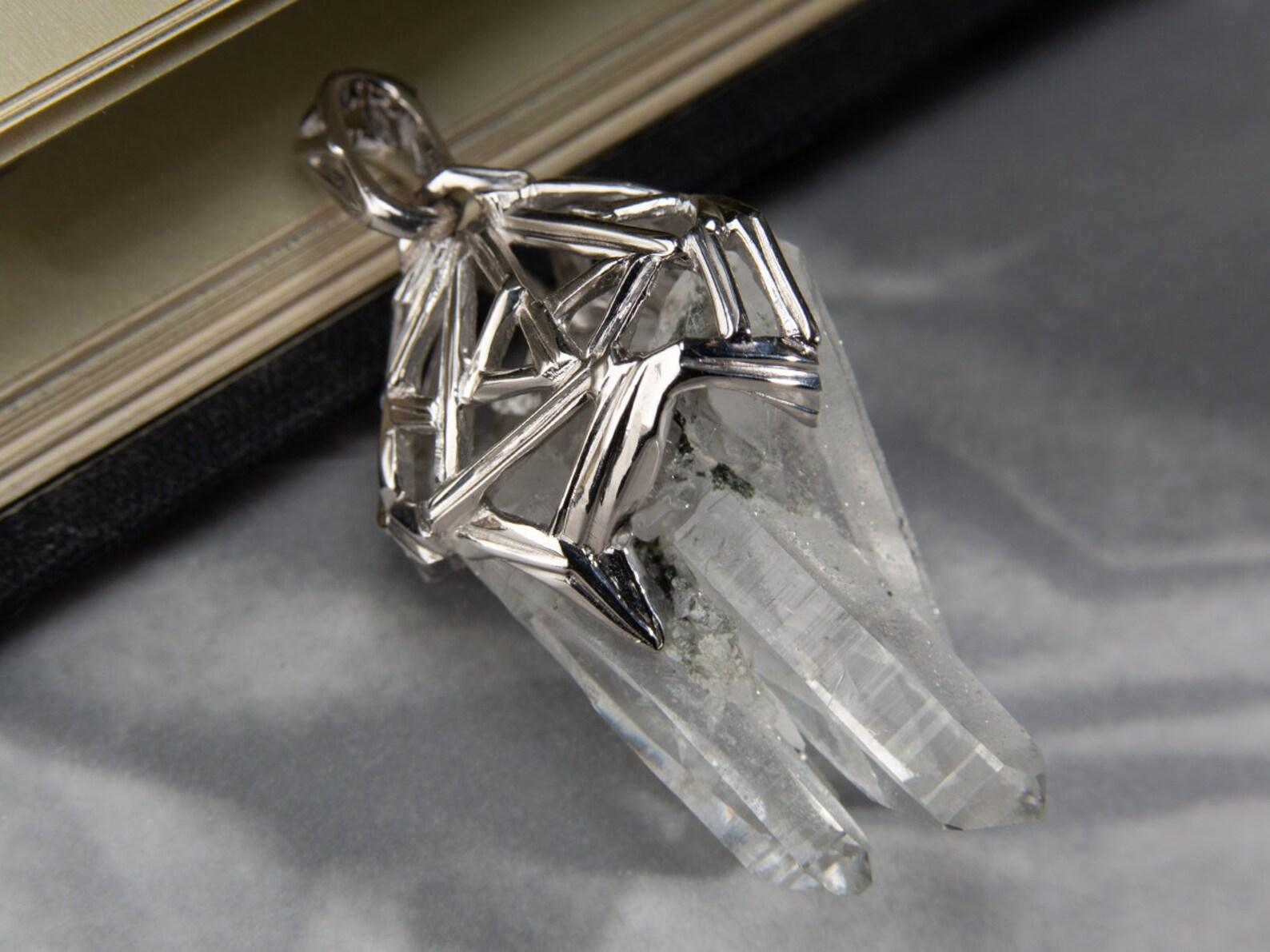Artisan Rock Crystal Silver Pendant Cluster Clear Quartz Raw Natural Brazilian Gemstone For Sale