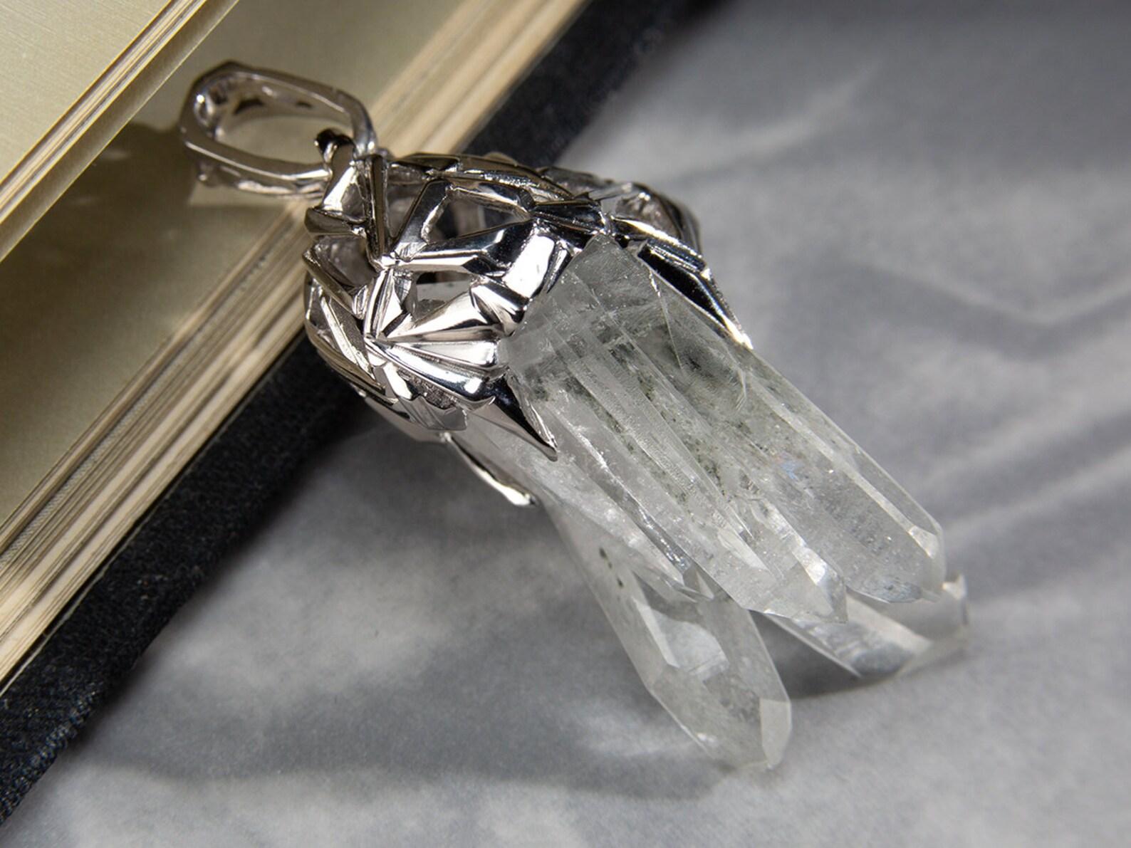 Uncut Rock Crystal Silver Pendant Cluster Clear Quartz Raw Natural Brazilian Gemstone For Sale