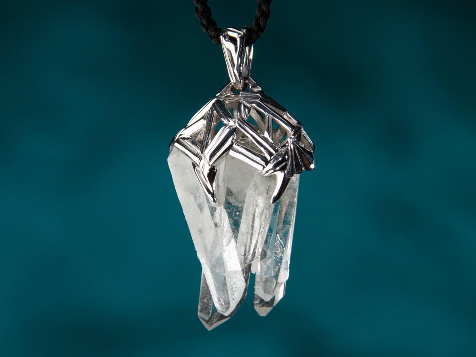 Women's or Men's Rock Crystal Silver Pendant Cluster Clear Quartz Raw Natural Brazilian Gemstone For Sale