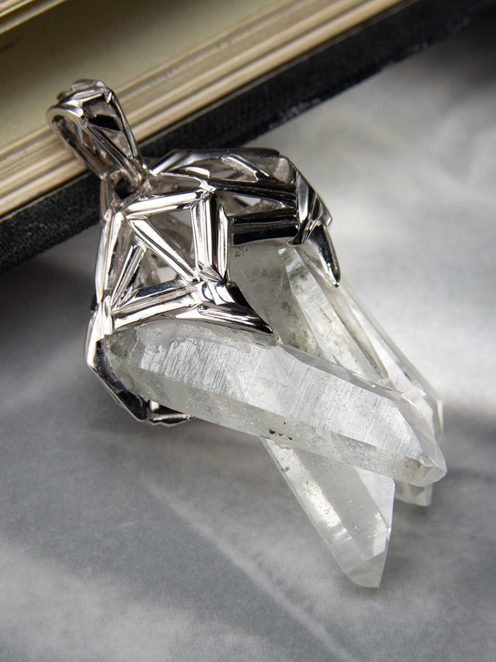 Rock Crystal Silver Pendant Cluster Clear Quartz Raw Natural Brazilian Gemstone For Sale 1