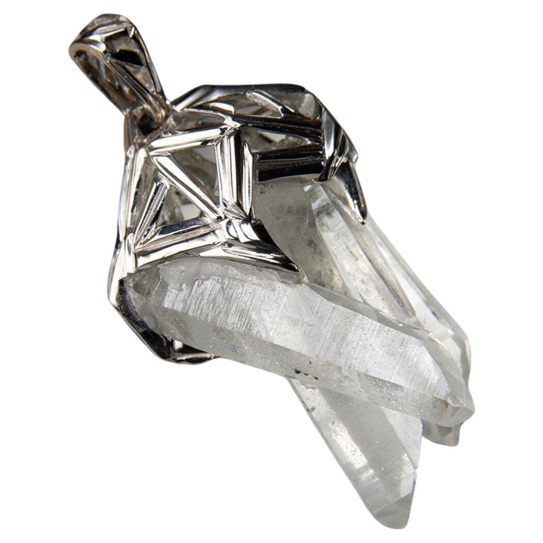 Rock Crystal Silver Pendant Cluster Clear Quartz Raw Natural Brazilian Gemstone For Sale
