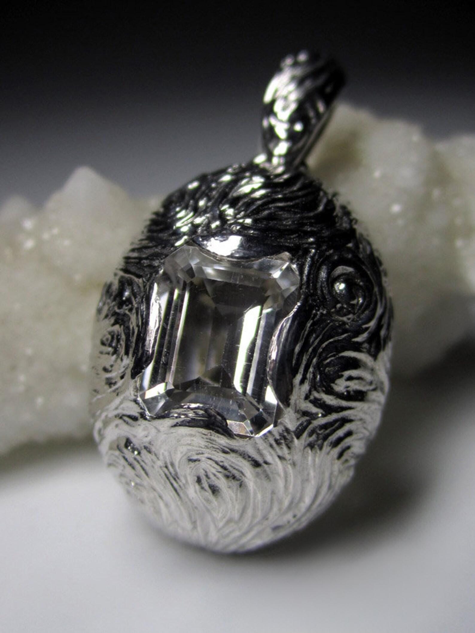 Emerald Cut Rock Crystal Silver Pendant Octagon Cut Natural mens jewelry gift male friend For Sale
