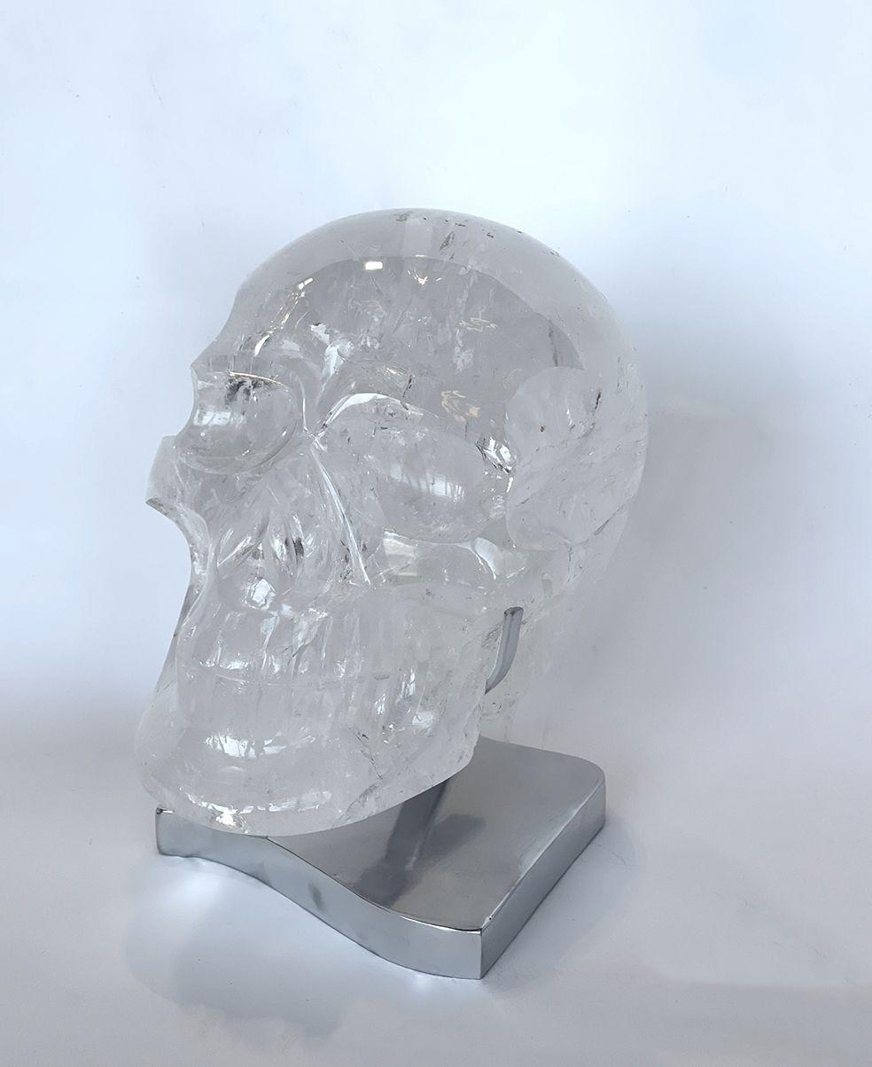 Rock Crystal Skull with Stainless Steel Stand In Good Condition For Sale In Los Angeles, CA