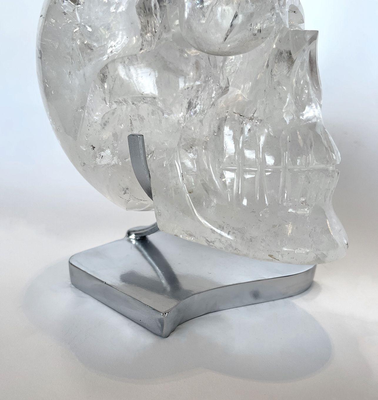 Mid-20th Century Rock Crystal Skull with Stainless Steel Stand For Sale
