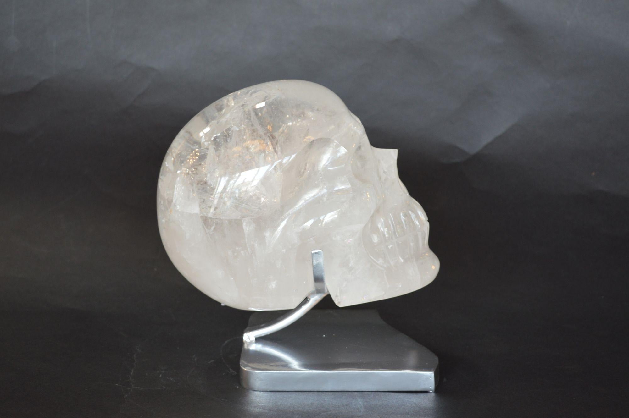 Rock Crystal Skull with Stainless Steel Stand For Sale 1