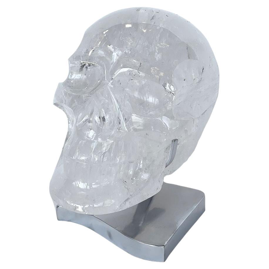 Rock Crystal Skull with Stainless Steel Stand For Sale