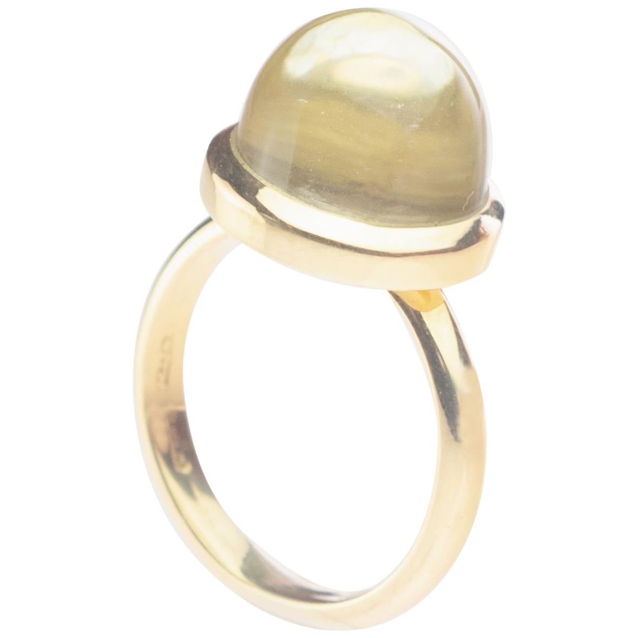 Rock Crystal Sphere Stepped Cabochon 18 Karat Yellow Gold Artisan Cocktail Ring For Sale