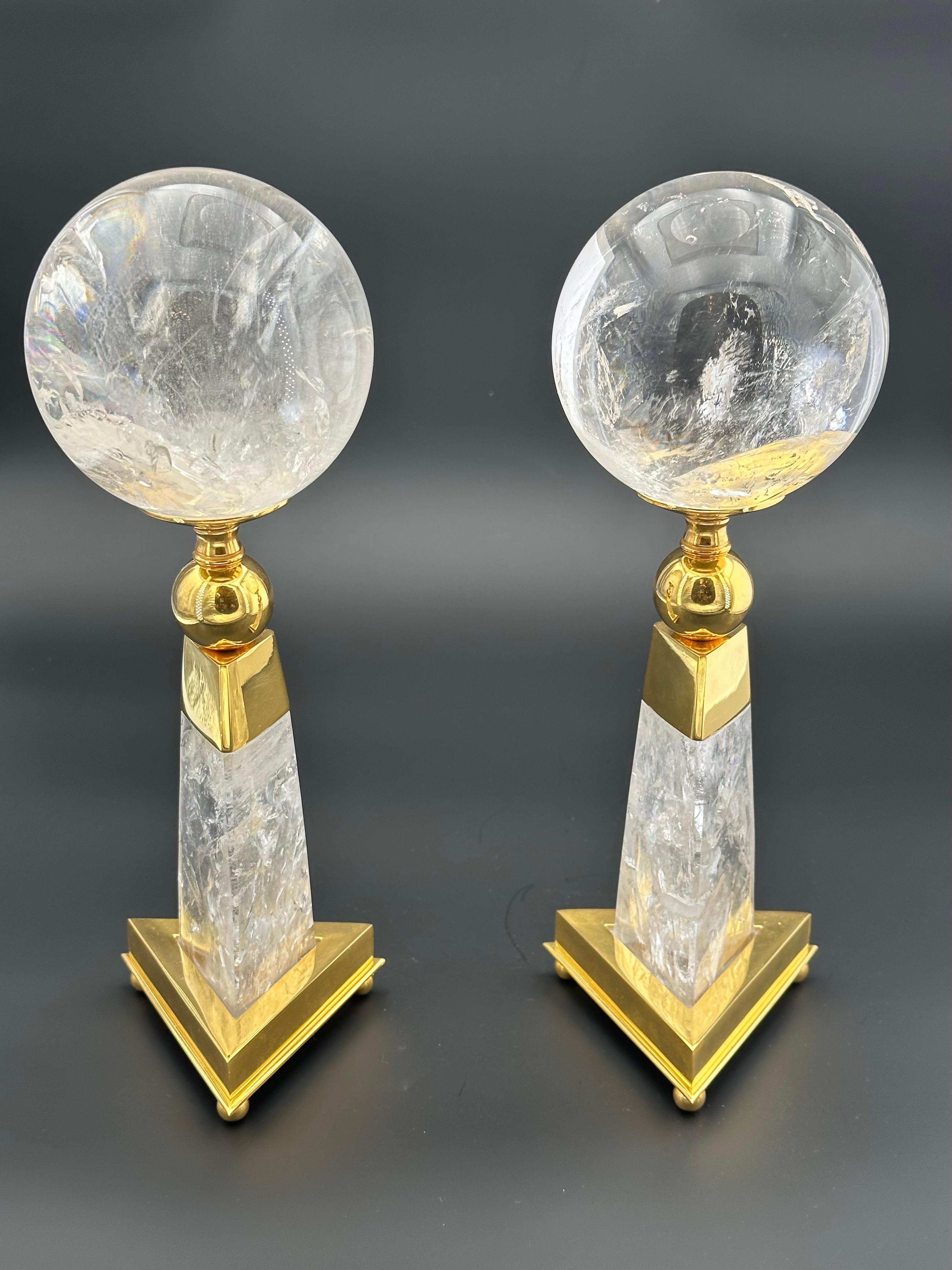 Amazeing pair of rock crystal spheres with their rock crystal and 24 K gold plated holder.
Made in FRANCE .