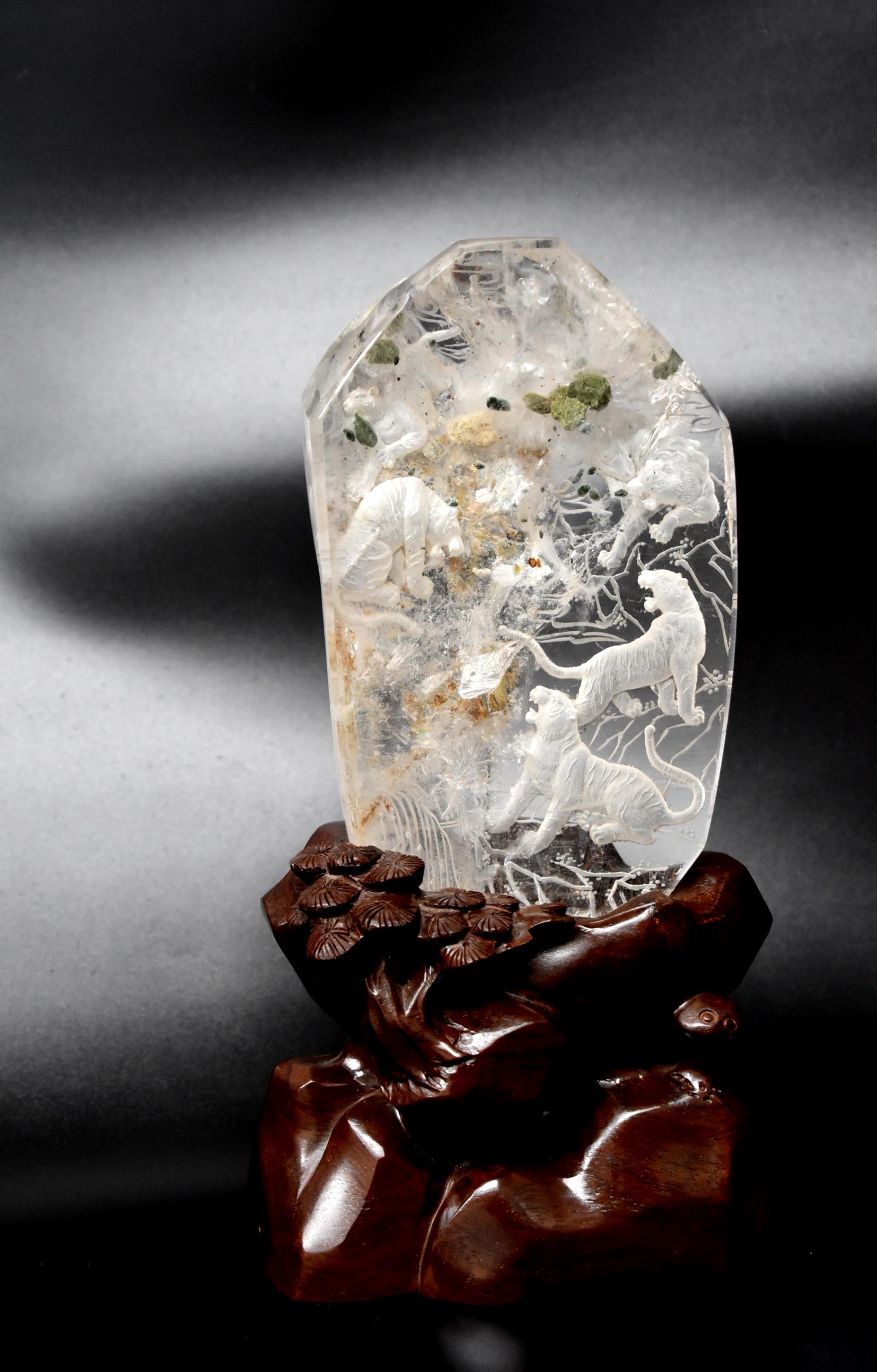 Rock Crystal Tiger Kingdom Sculpture Hand Carved In Excellent Condition For Sale In Somis, CA