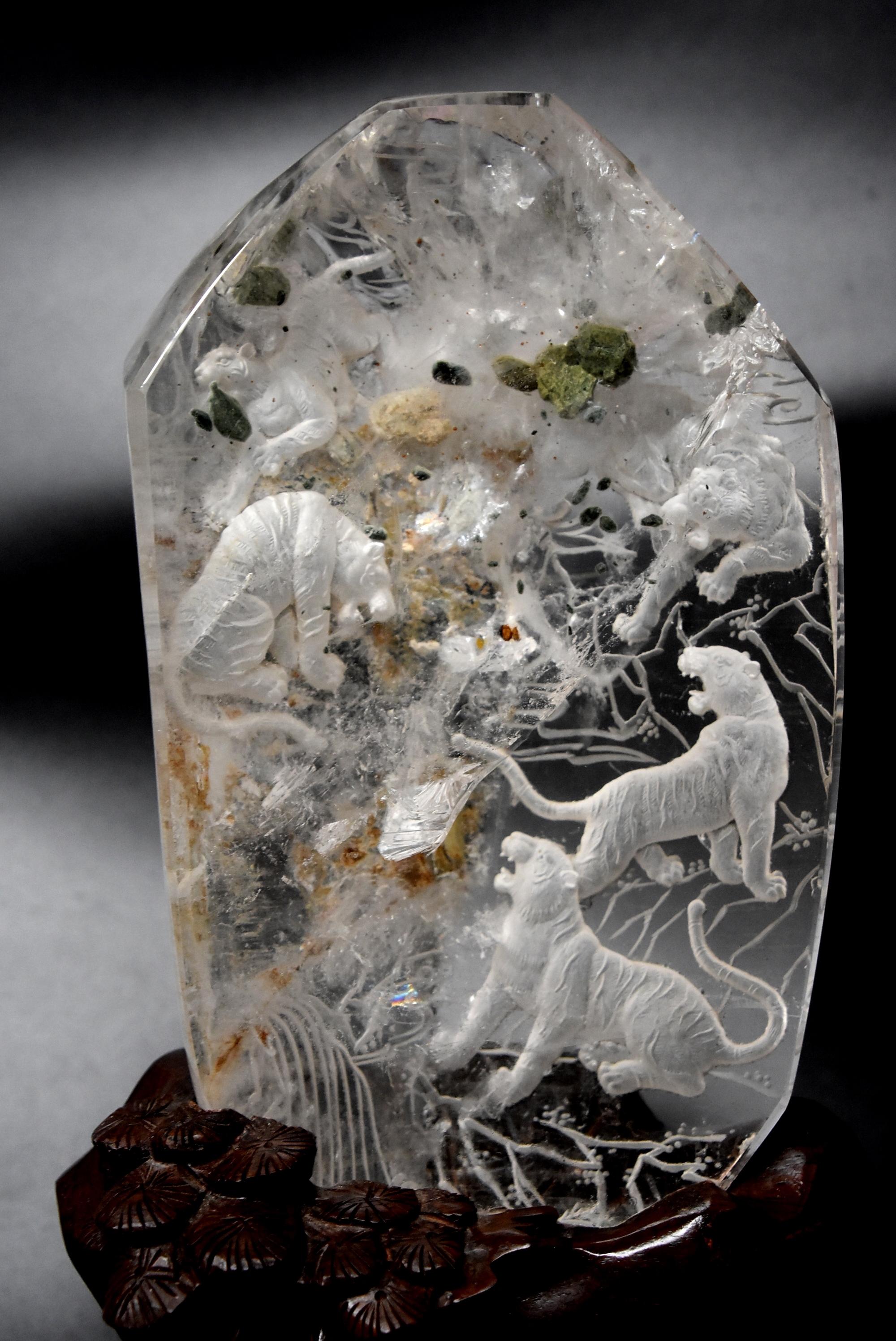 Contemporary Rock Crystal Tiger Kingdom Sculpture Hand Carved For Sale
