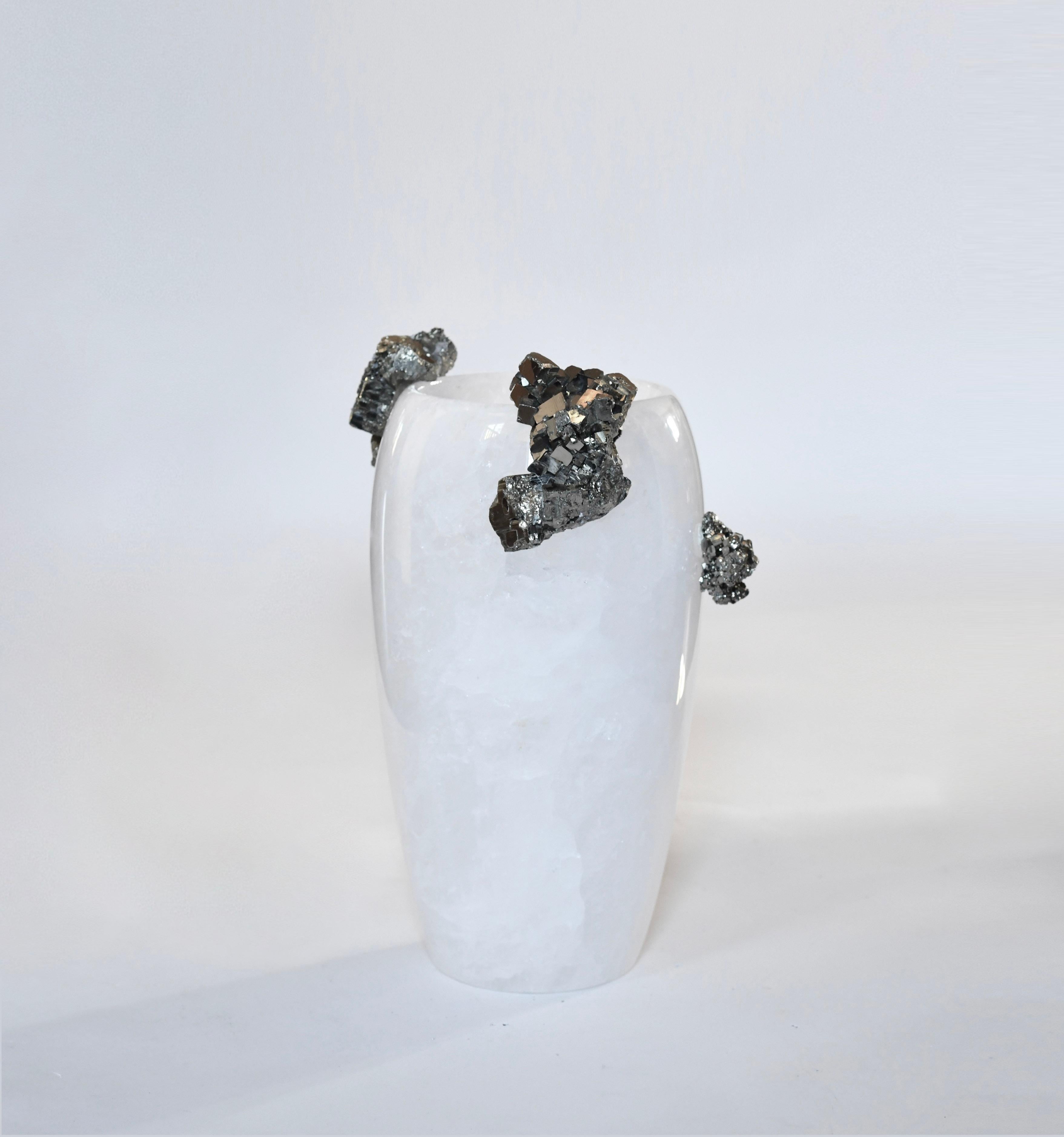 Finely carved rock crystal vase with natural gemstone decoration. Created by Phoenix Gallery, NYC.
 