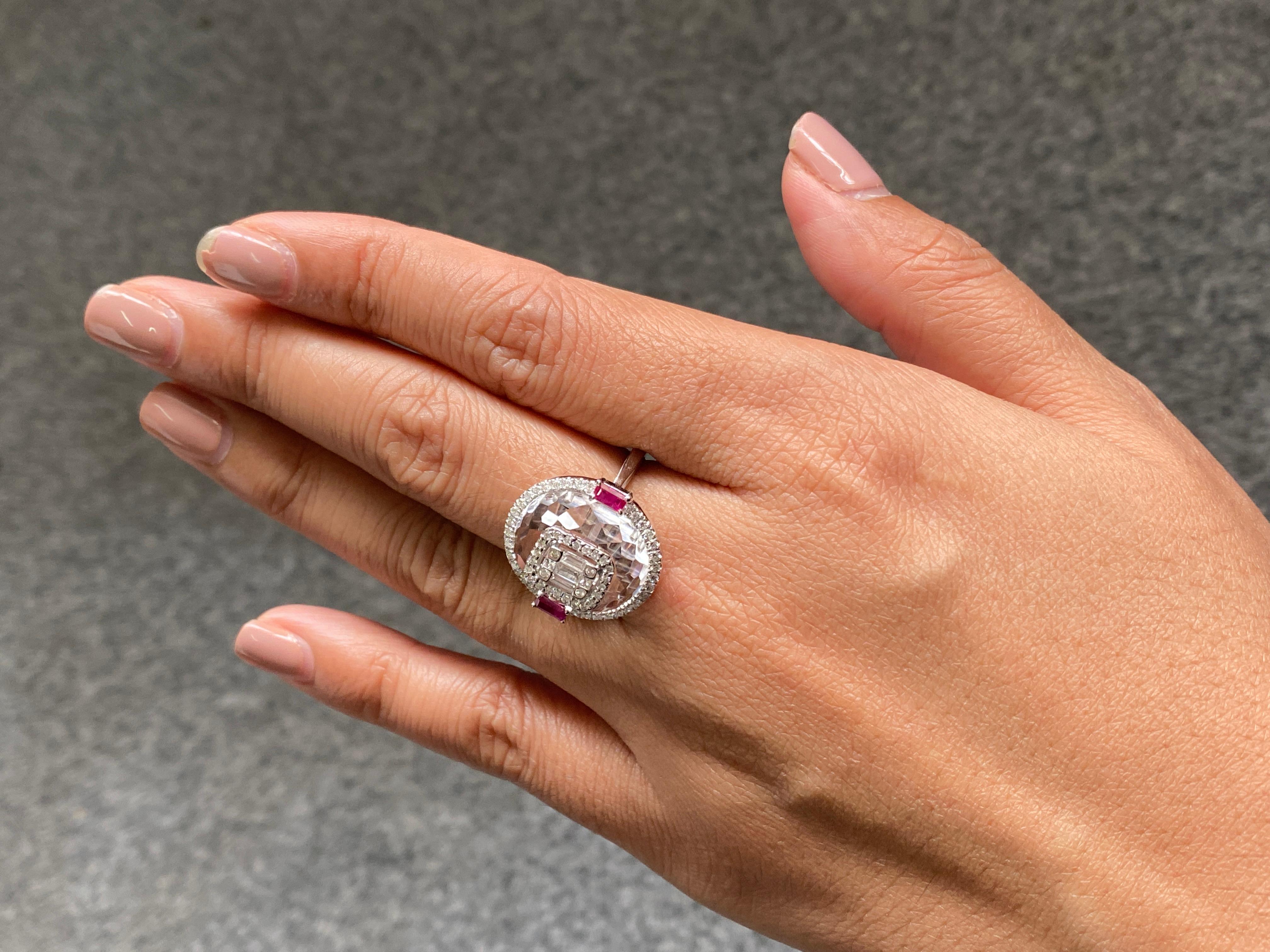Rock Crystal With Ruby And Diamond Ring Set In 18K White Gold 4