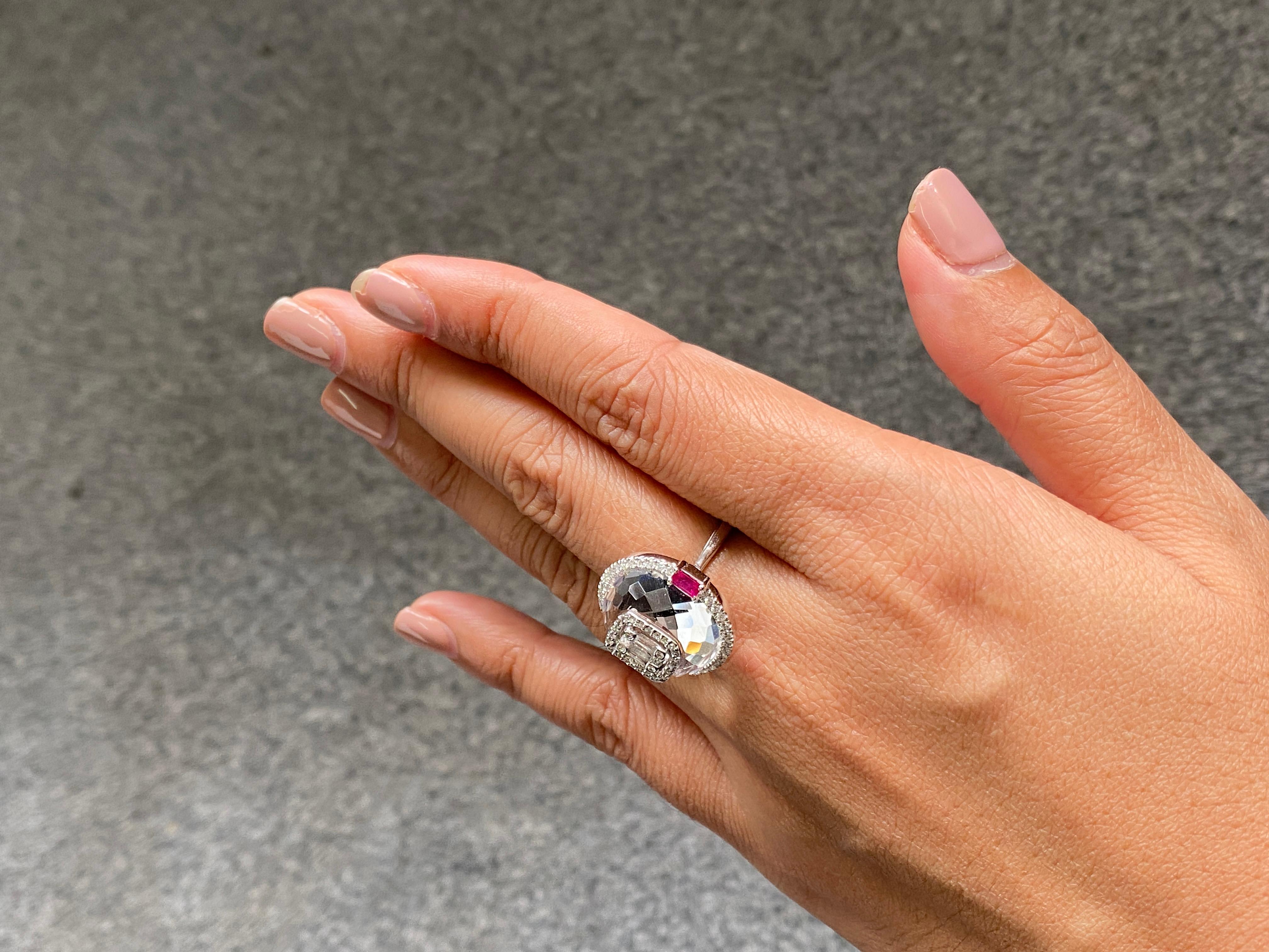 Rock Crystal With Ruby And Diamond Ring Set In 18K White Gold 5