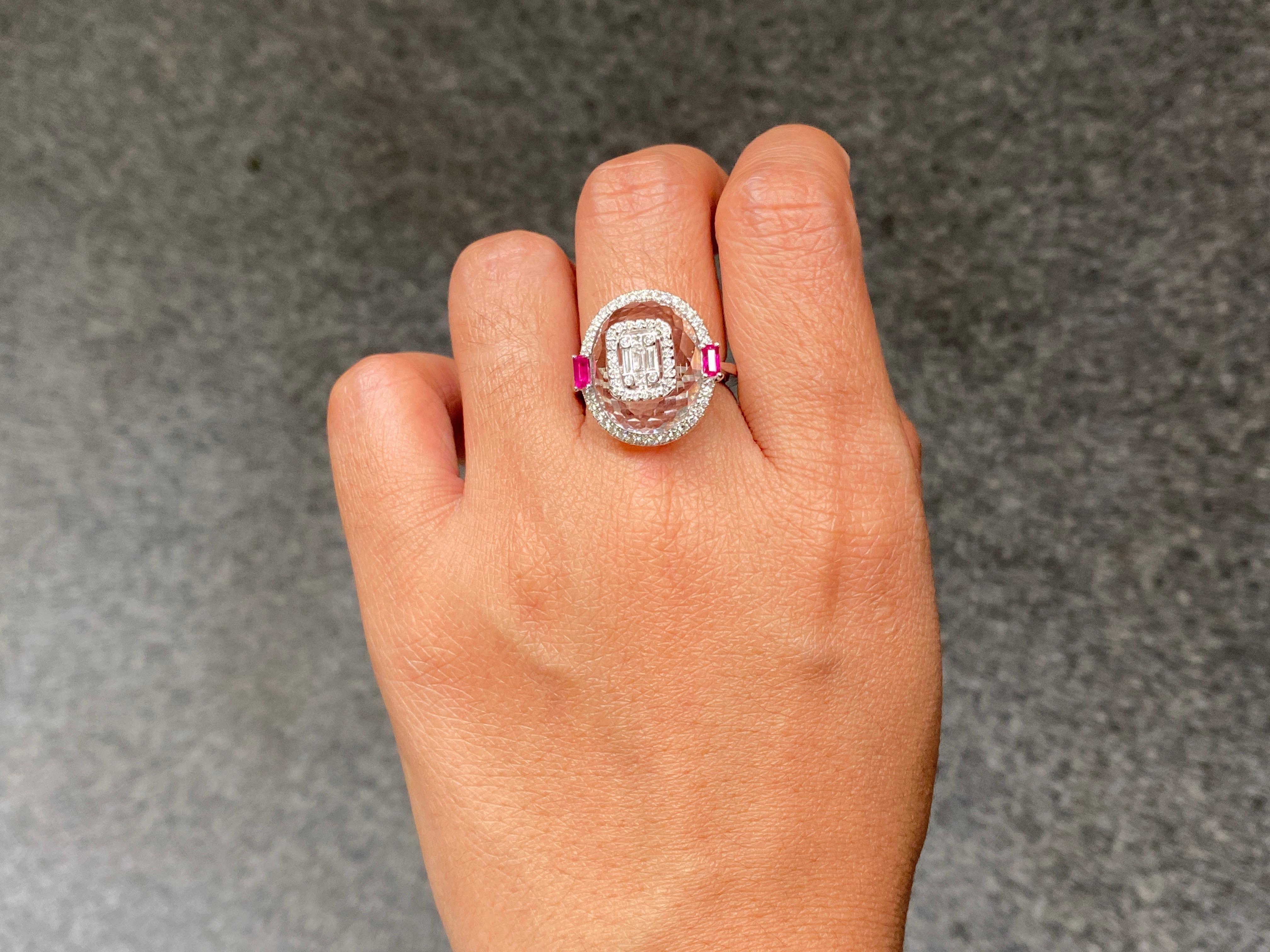 Rock Crystal With Ruby And Diamond Ring Set In 18K White Gold 6
