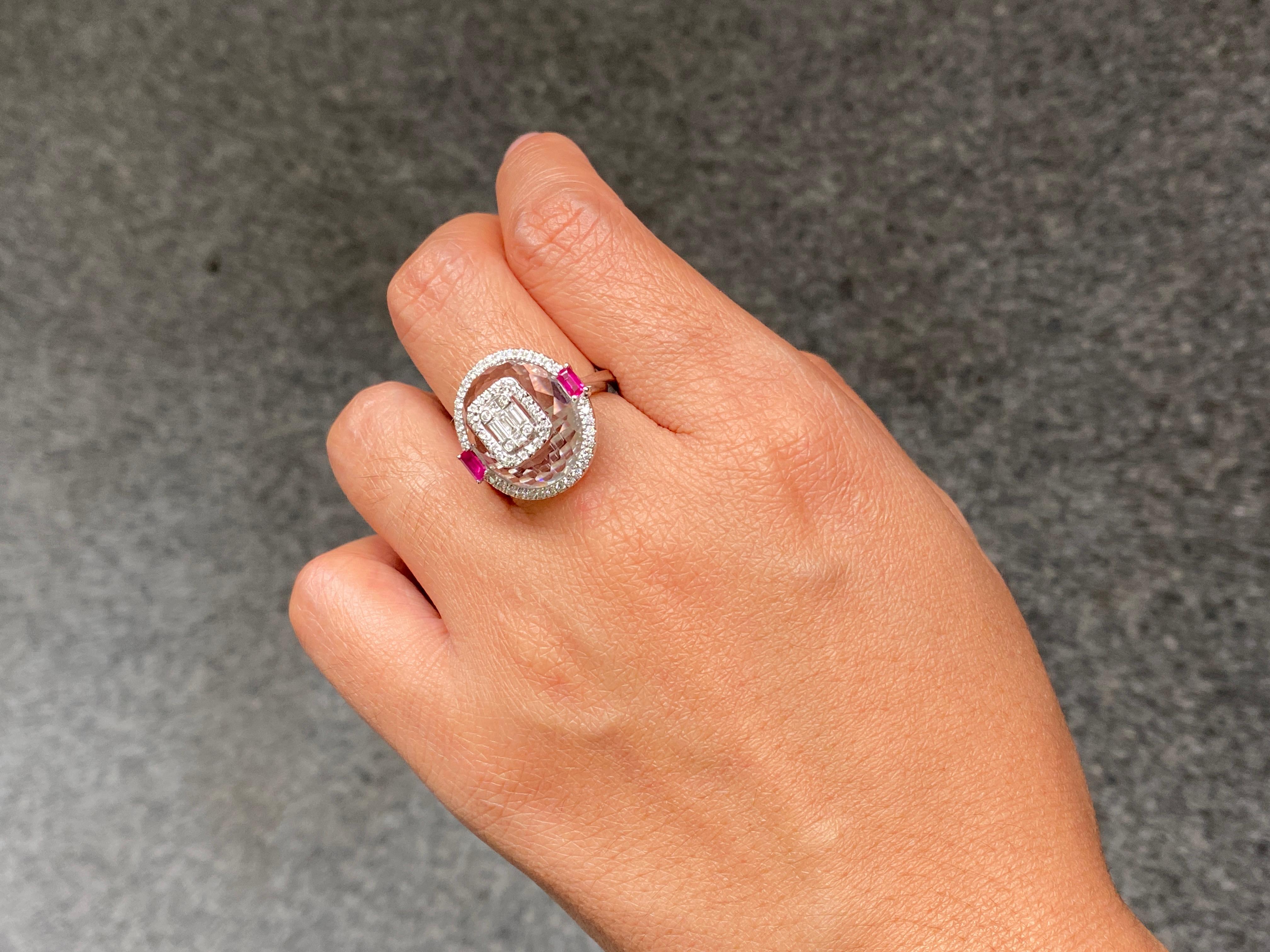Rock Crystal With Ruby And Diamond Ring Set In 18K White Gold 7