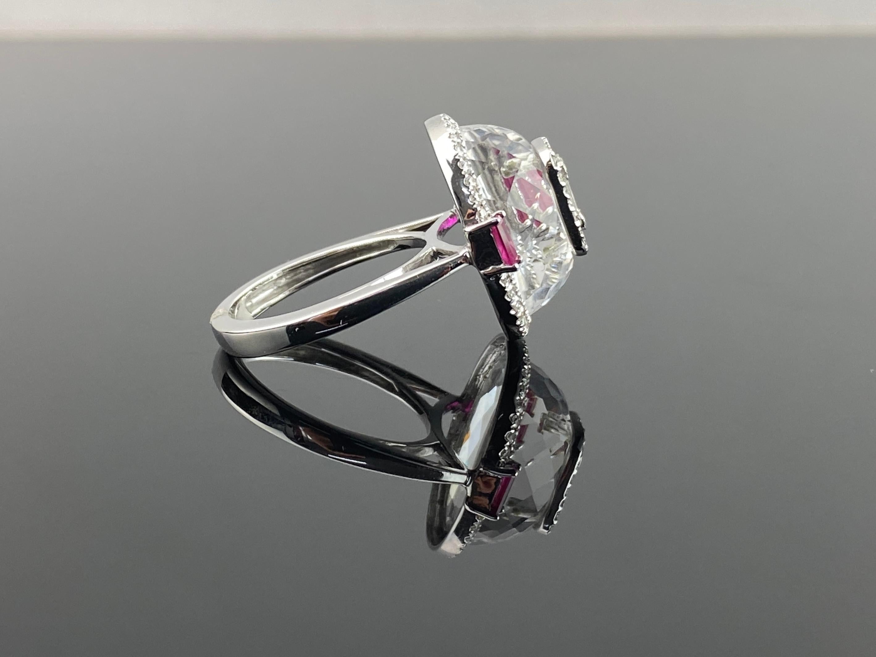 Baguette Cut Rock Crystal With Ruby And Diamond Ring Set In 18K White Gold