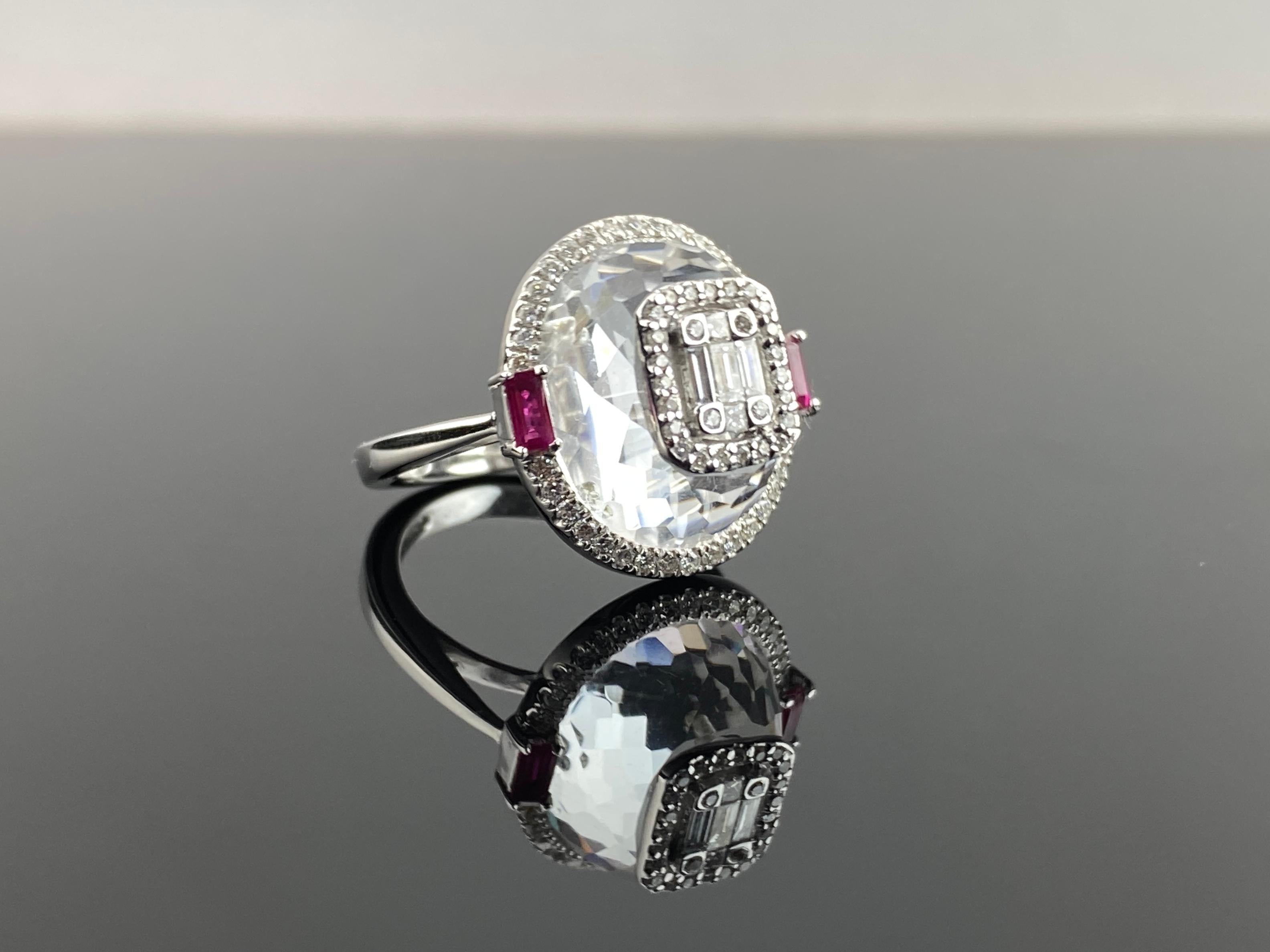 Rock Crystal With Ruby And Diamond Ring Set In 18K White Gold In New Condition In Bangkok, Thailand