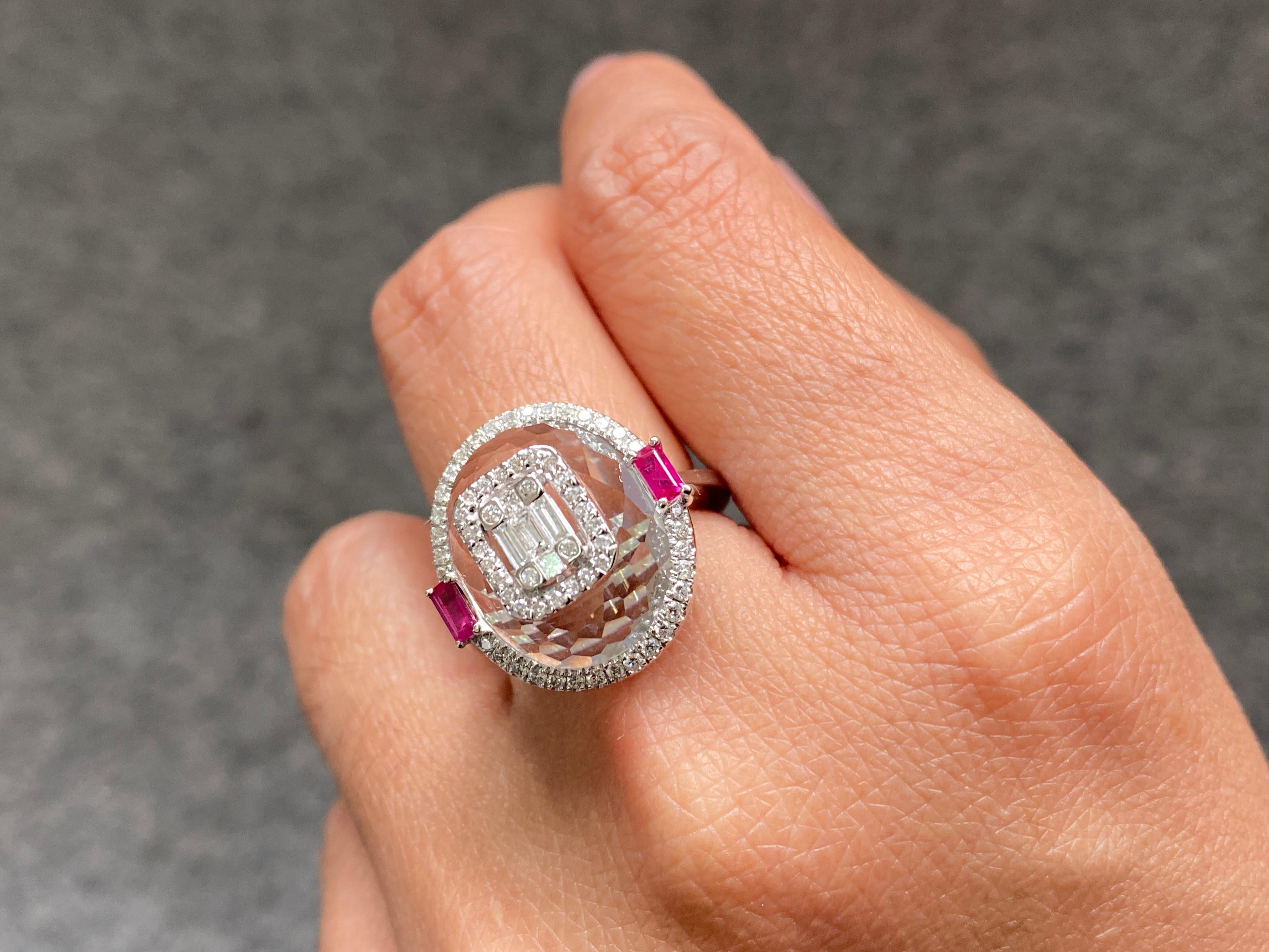 Rock Crystal With Ruby And Diamond Ring Set In 18K White Gold 2