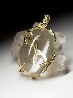 Rock Crystal Yellow Gold Pendant Cabochon Gemstone Pure Clear Quartz Unisex