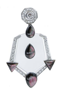 Rock Crystal, Black Stones, Diamonds, 18 Karat White Gold Earrings