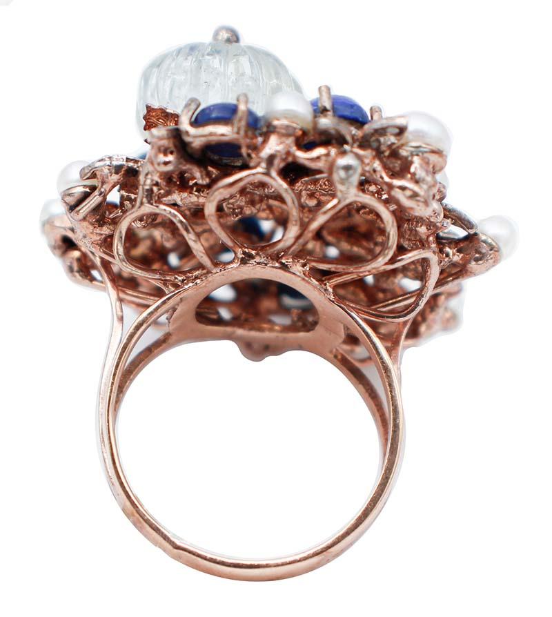 Retro Rock Crystal, Lapis, Diamonds, Pearls, 9 Karat Rose Gold and Silver Retrò Ring For Sale