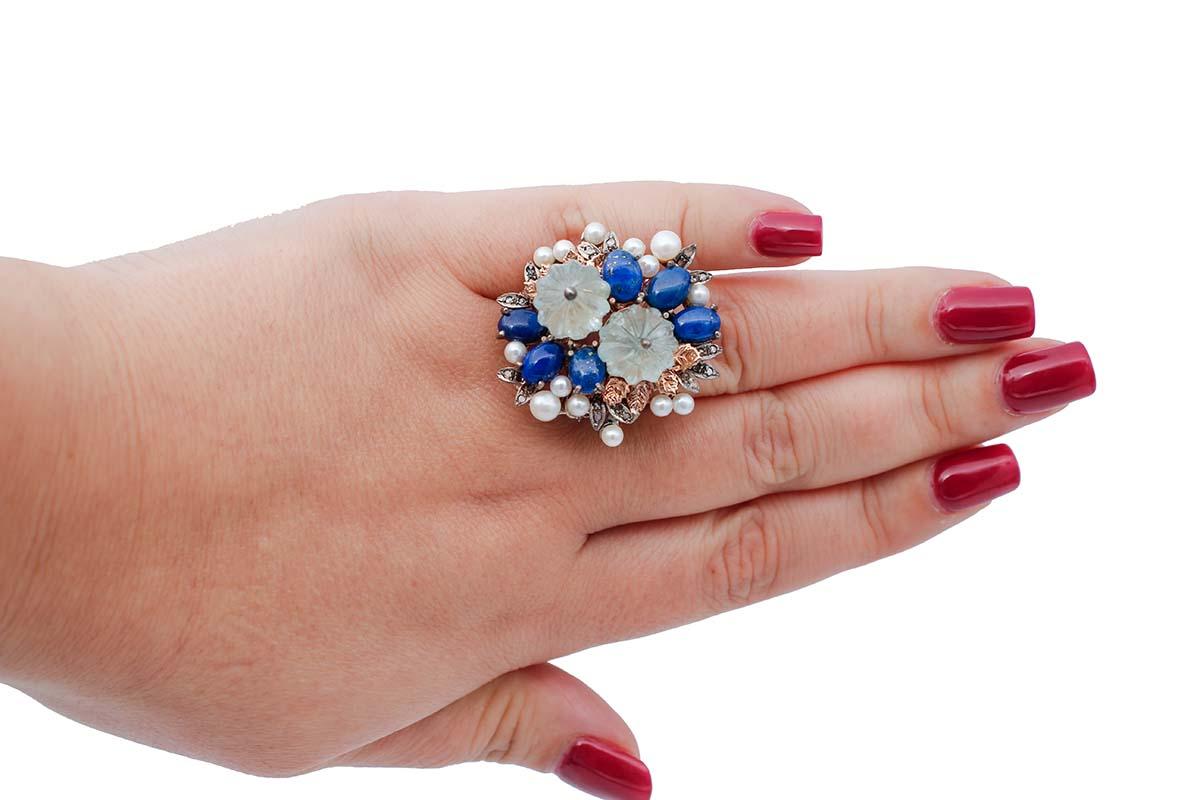 Mixed Cut Rock Crystal, Lapis, Diamonds, Pearls, 9 Karat Rose Gold and Silver Retrò Ring For Sale