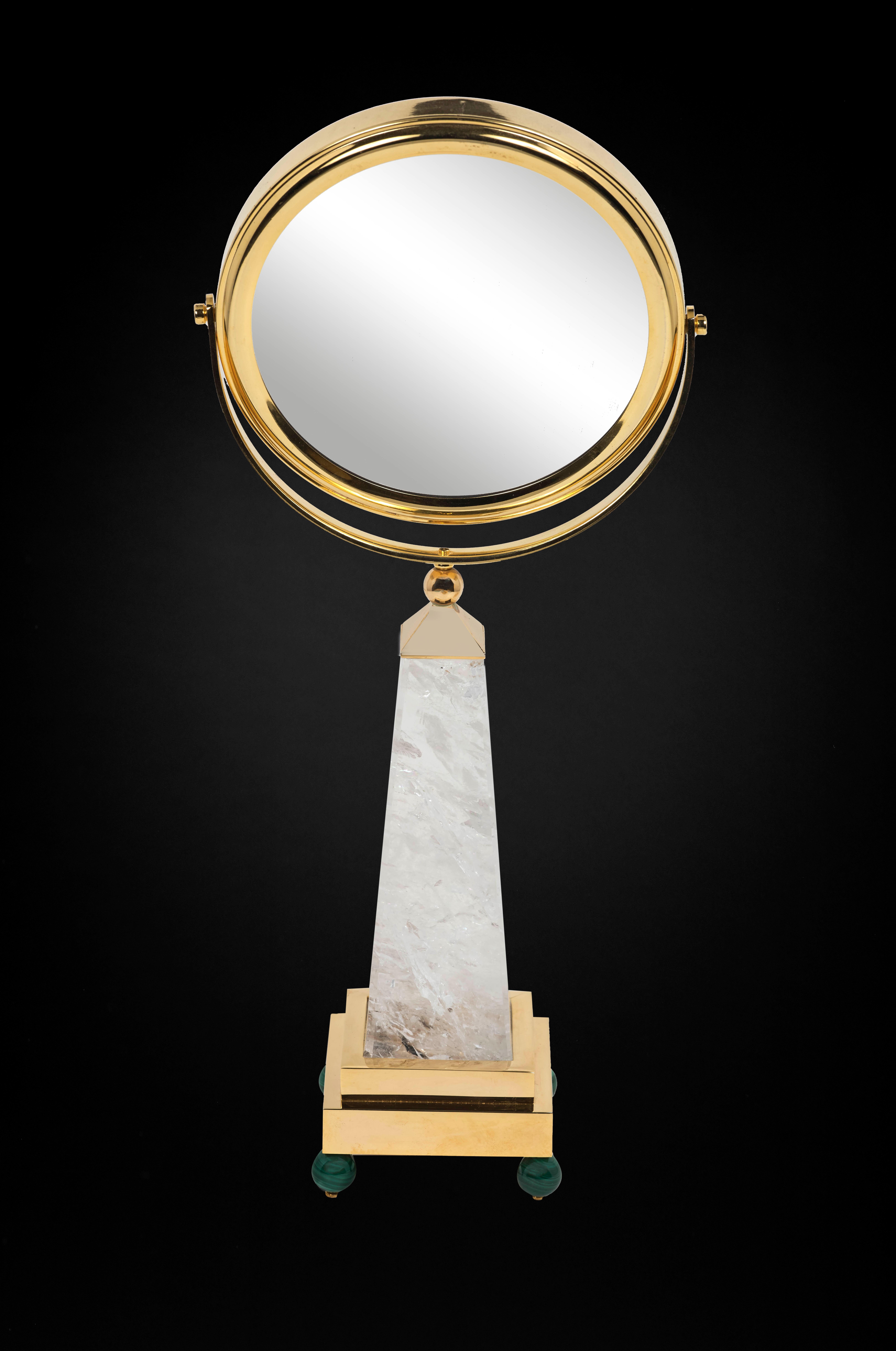Rock crystal, malachite, 24K gold plated table mirror By Alexandre Vossion.
Unique.
Made in Paris.