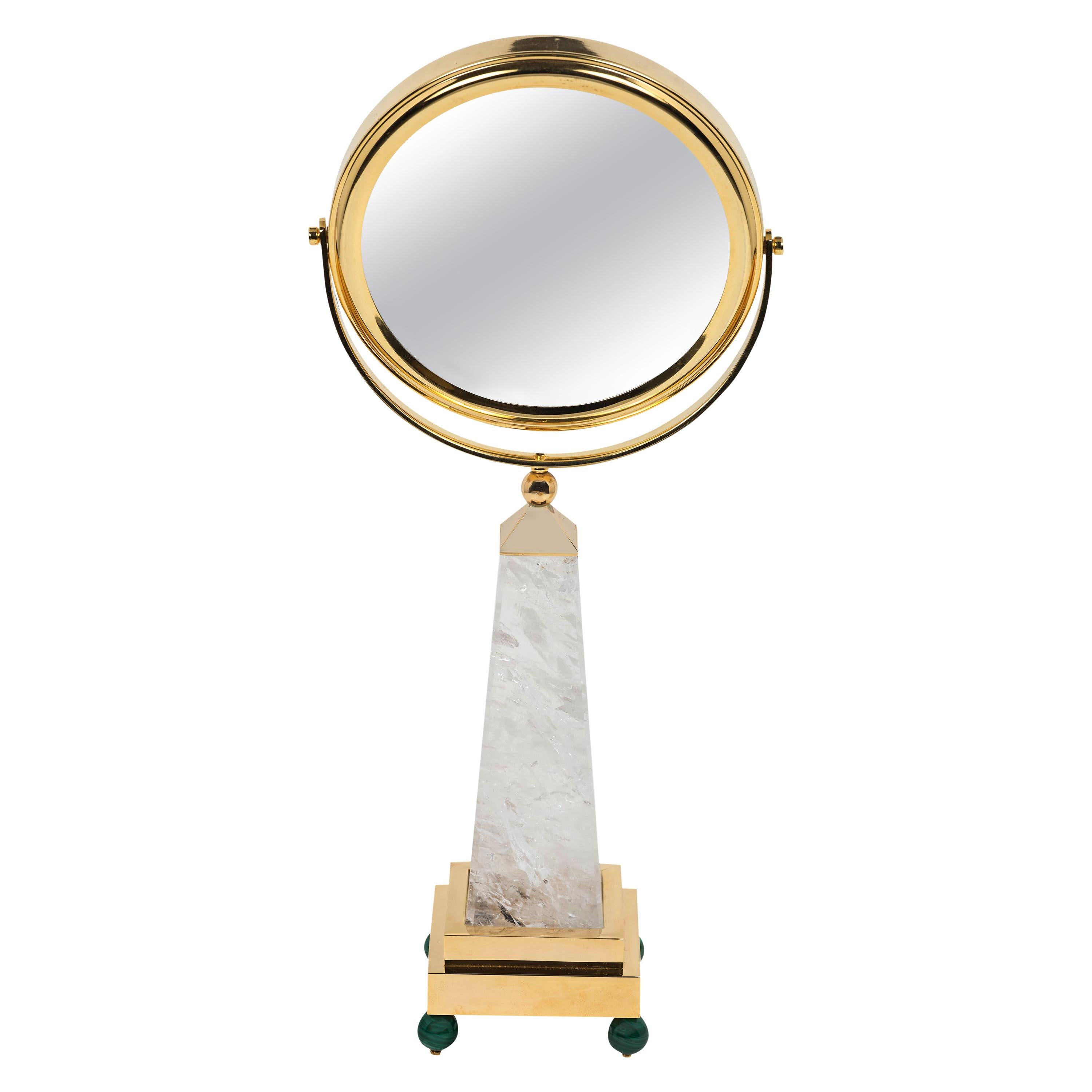 Rock Crystal, Malachite, 24K Gold Plated Table Mirror by Alexandre Vossion For Sale