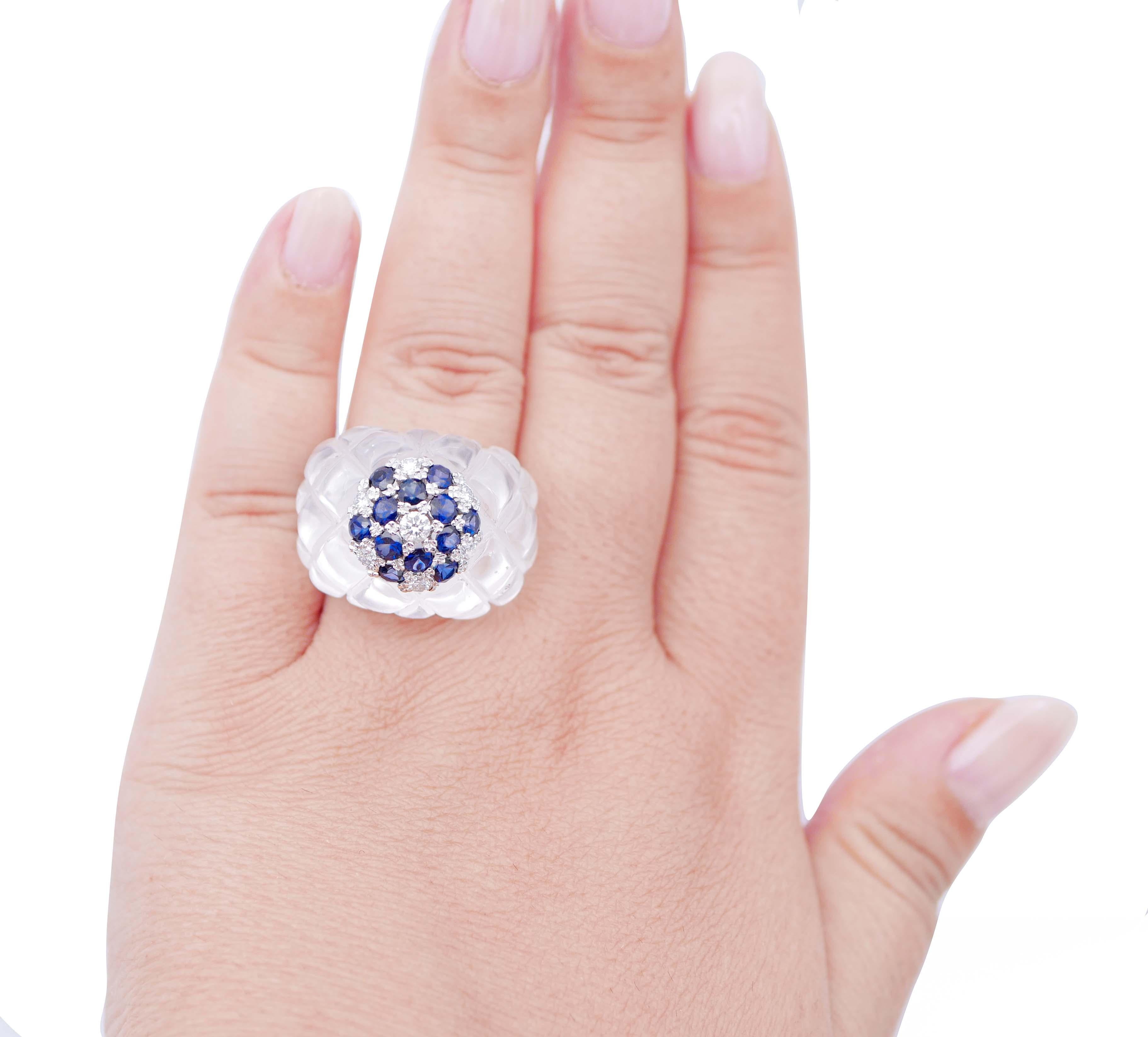 Mixed Cut Rock Crystal, Sapphires, Diamonds, 14 Karat White Gold Ring.