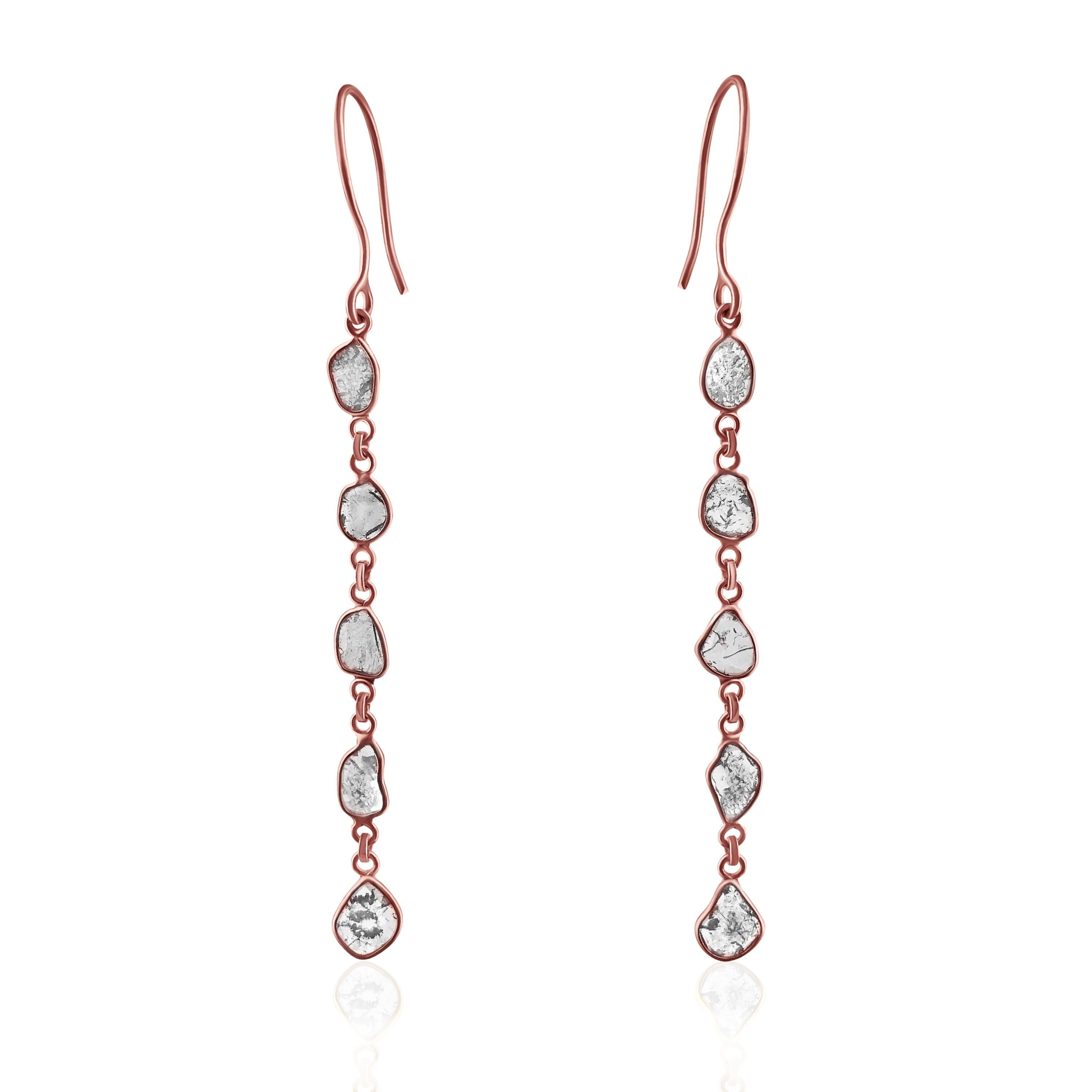 Uncut Rock & Divine Dawn Diamond Drop Earrings in 18 Karat Rose Gold F VS2 1.50 Carat