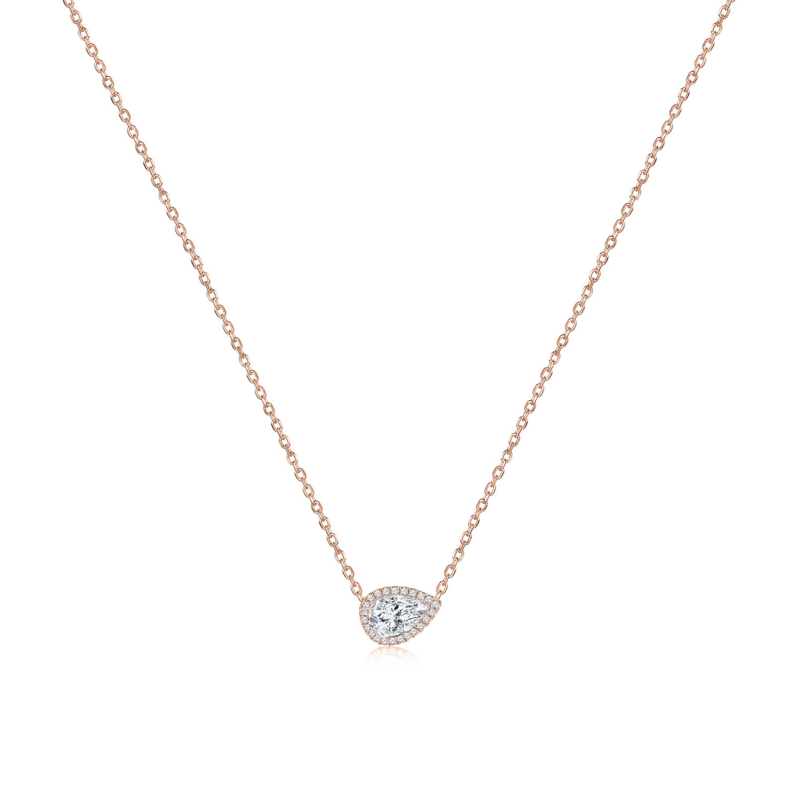 Pear Cut Rock & Divine Day Collection Perfect Pear Pendant Halo Necklace in 18K Rose Gold