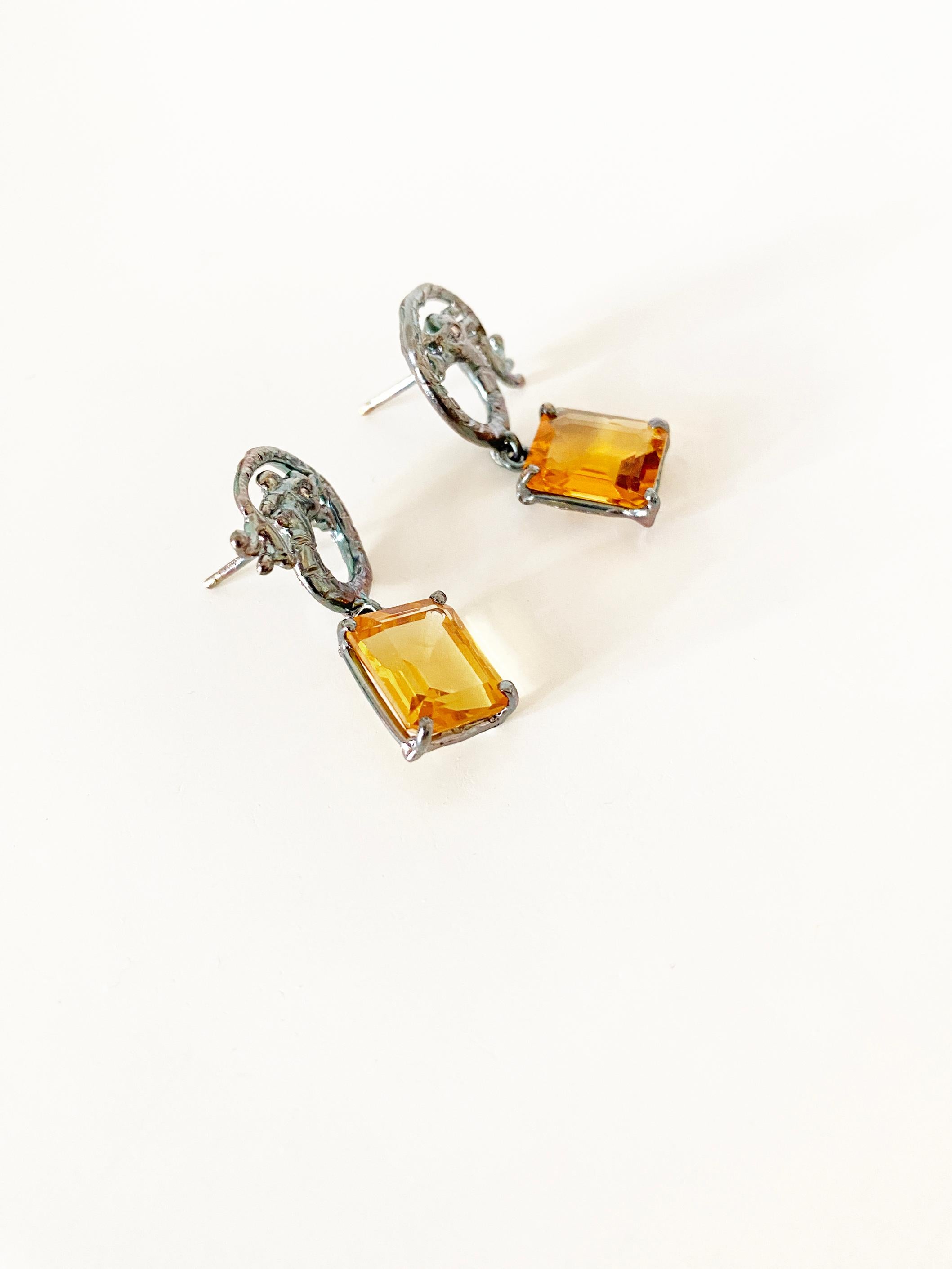 Rock Dragon Rossella Ugolini Burnished Sterling Silver Diamonds Citrine Earrings In New Condition For Sale In Rome, IT