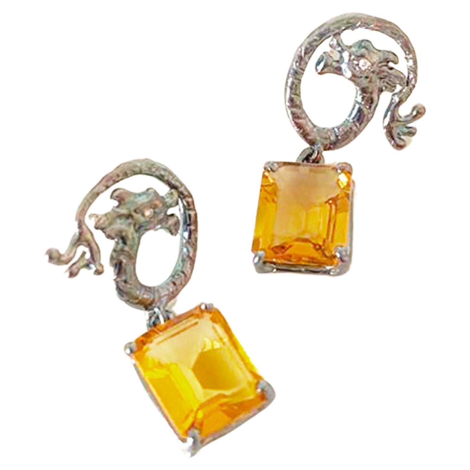 Rock Dragon Rossella Ugolini Burnished Sterling Silver Diamonds Citrine Earrings For Sale
