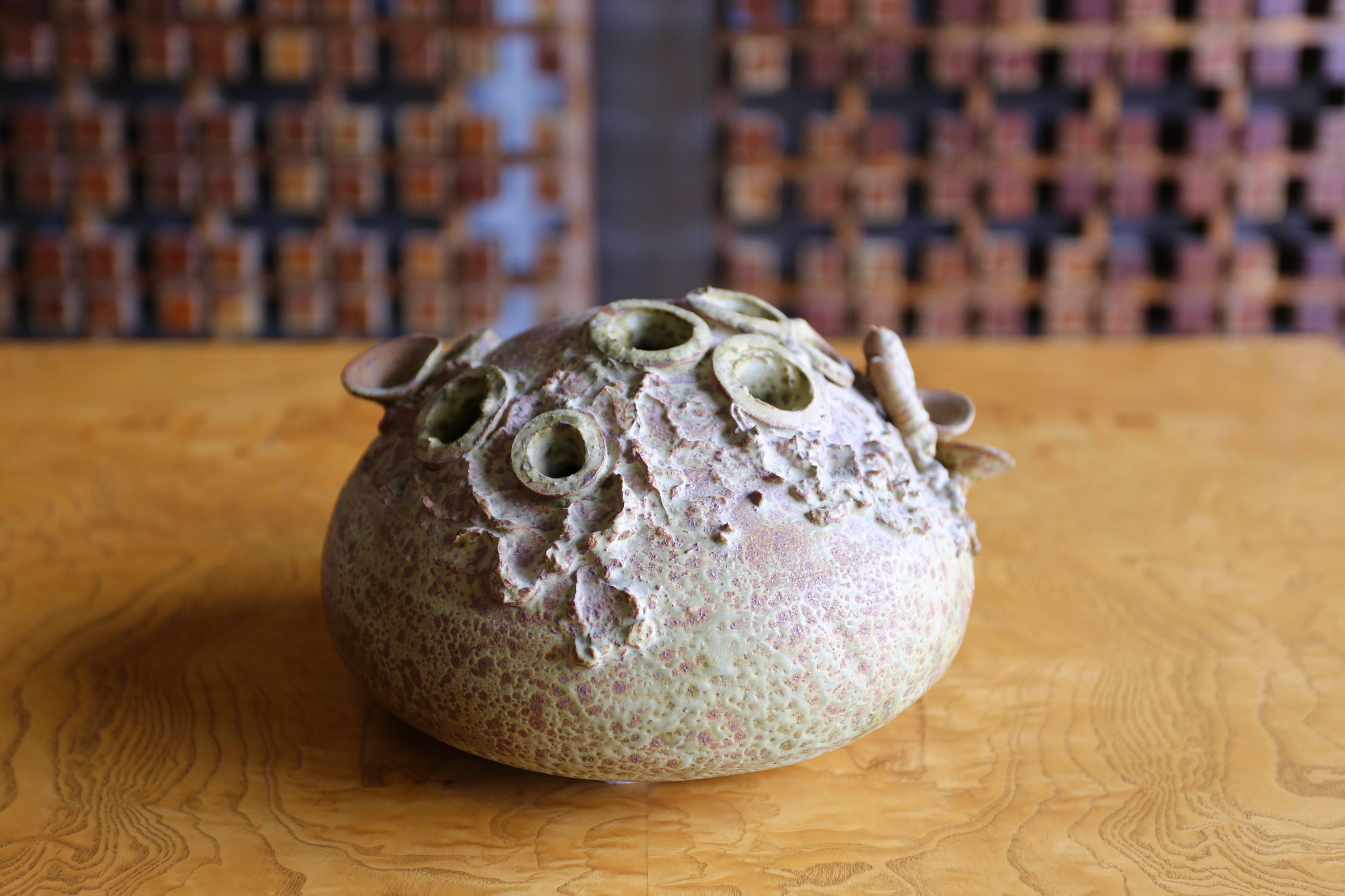 Signed sculptural rock form ceramic vase / weed pot, circa 1970.