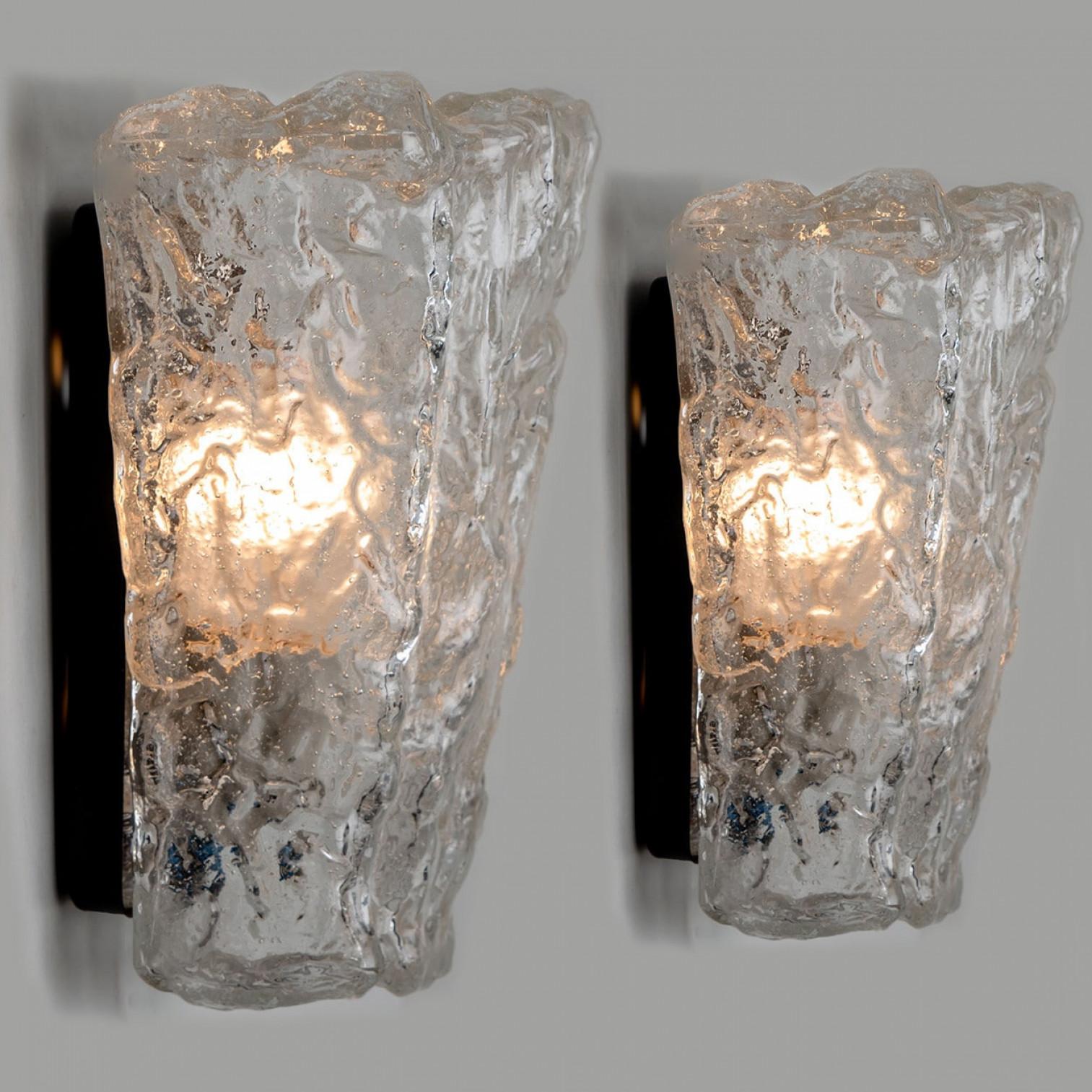 German Rock Glass and Brass Wall Sconces by Hillebrand , 1960s For Sale