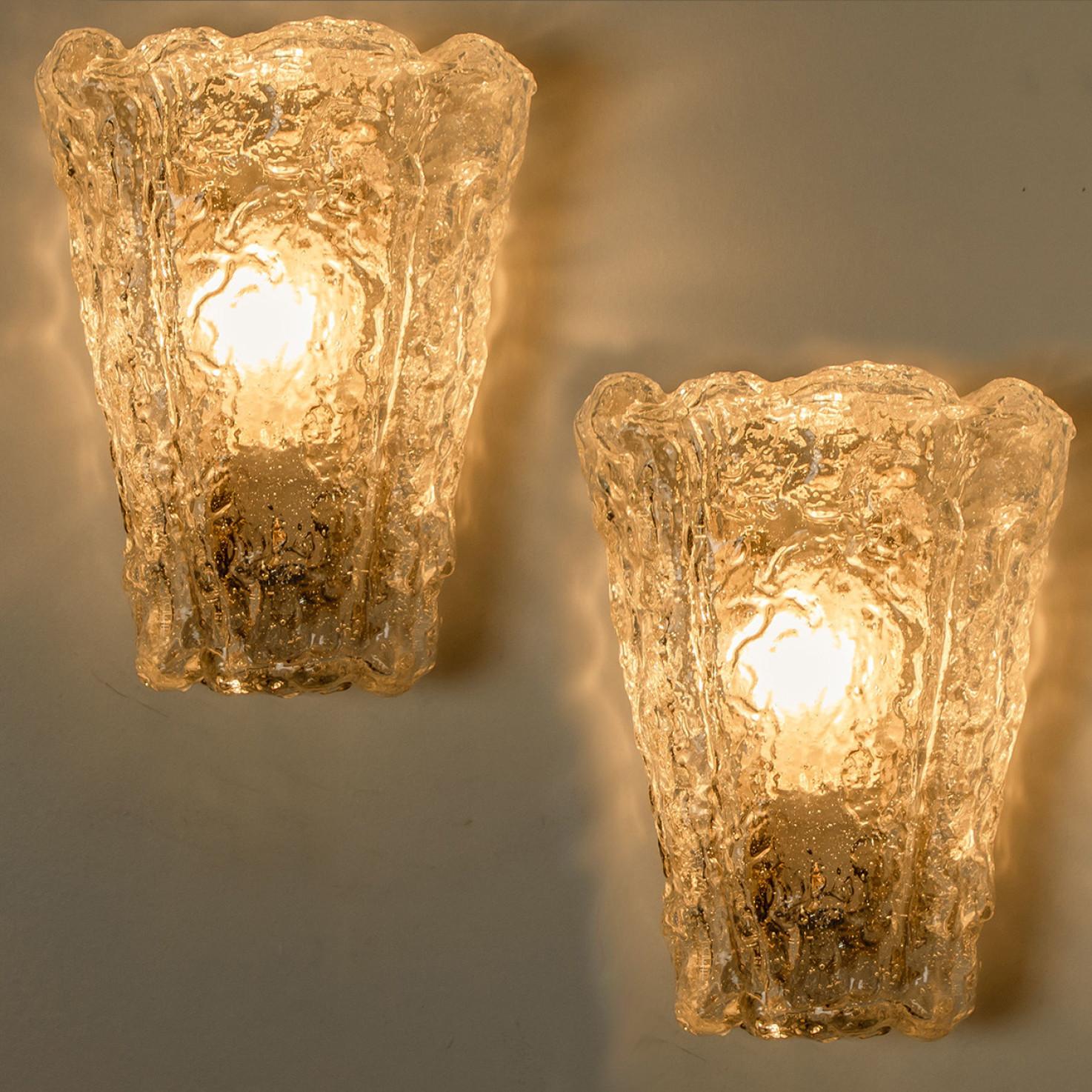 Mid-20th Century Rock Glass and Brass Wall Sconces by Hillebrand , 1960s For Sale