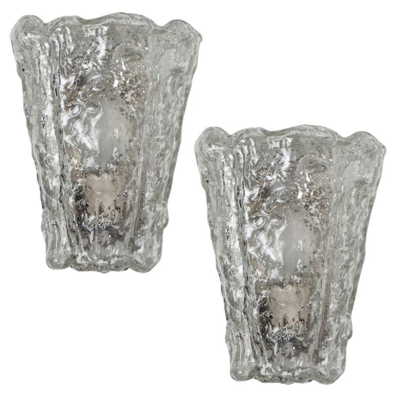 Rock Glass and Brass Wall Sconces by Hillebrand , 1960s For Sale