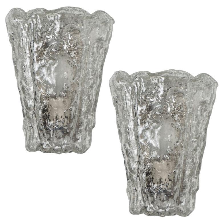 Rock Glass and Brass Wall Sconces by Hillebrand , 1960s