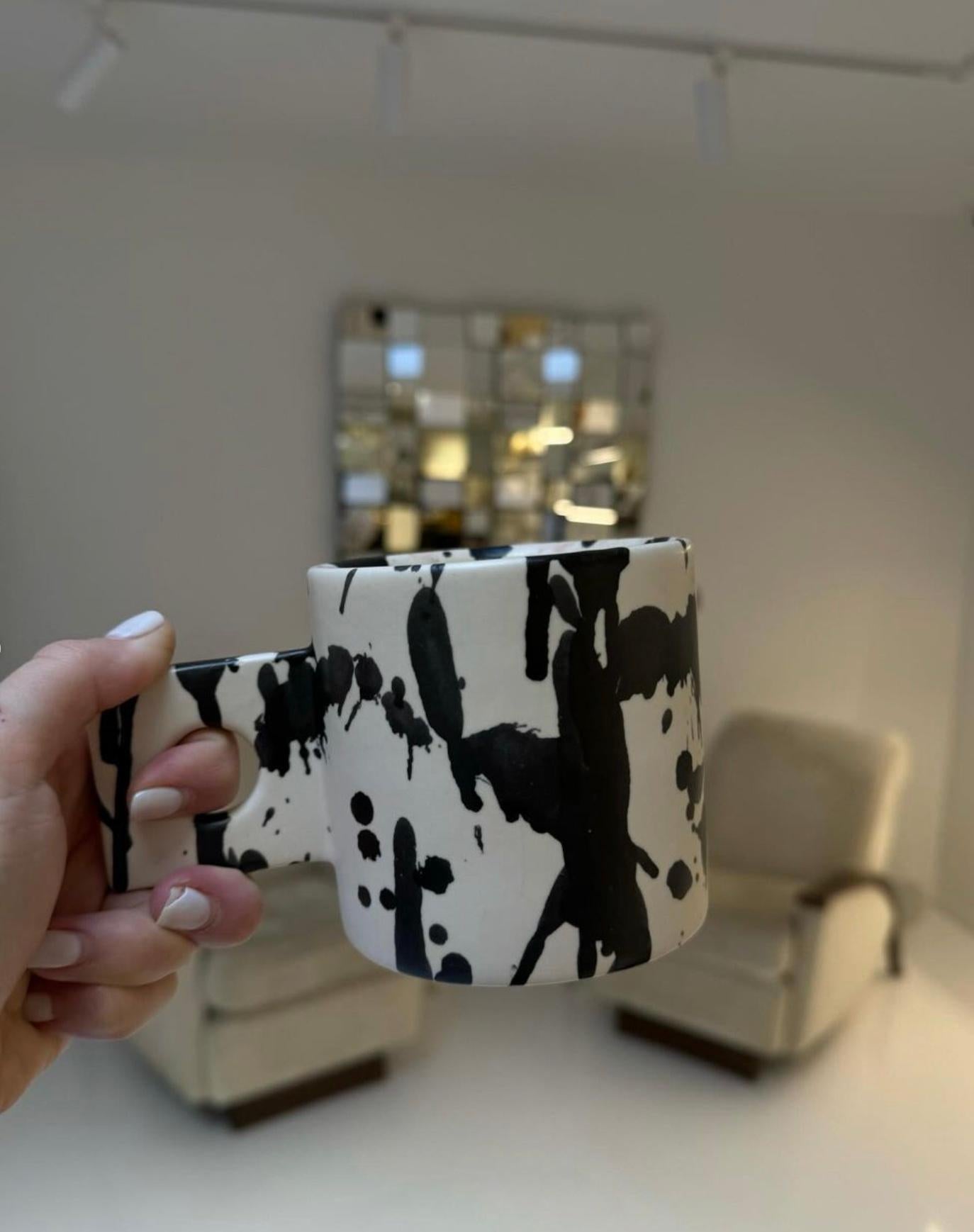 Contemporary Rock Handmade Ceramic Coffee Mugs - Set of 2 - Black & White Splatterware For Sale