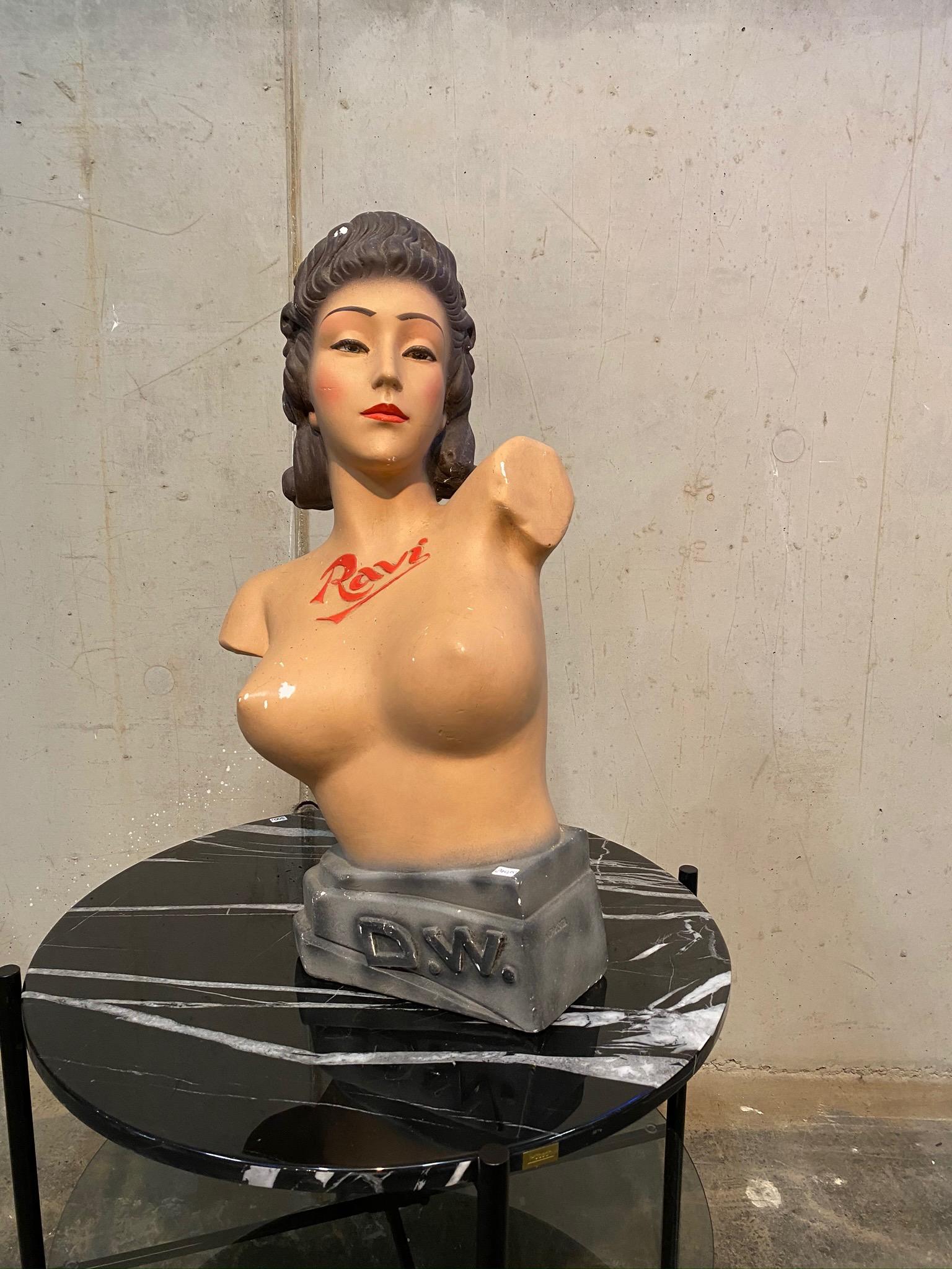 Original Art Deco bust by D.W. Novita. This impressive bust was a shop window decoration for lingerie in the 1950s and 1960s. It is in a good condition with time and traces of use and small spots with color loss (see photos).
