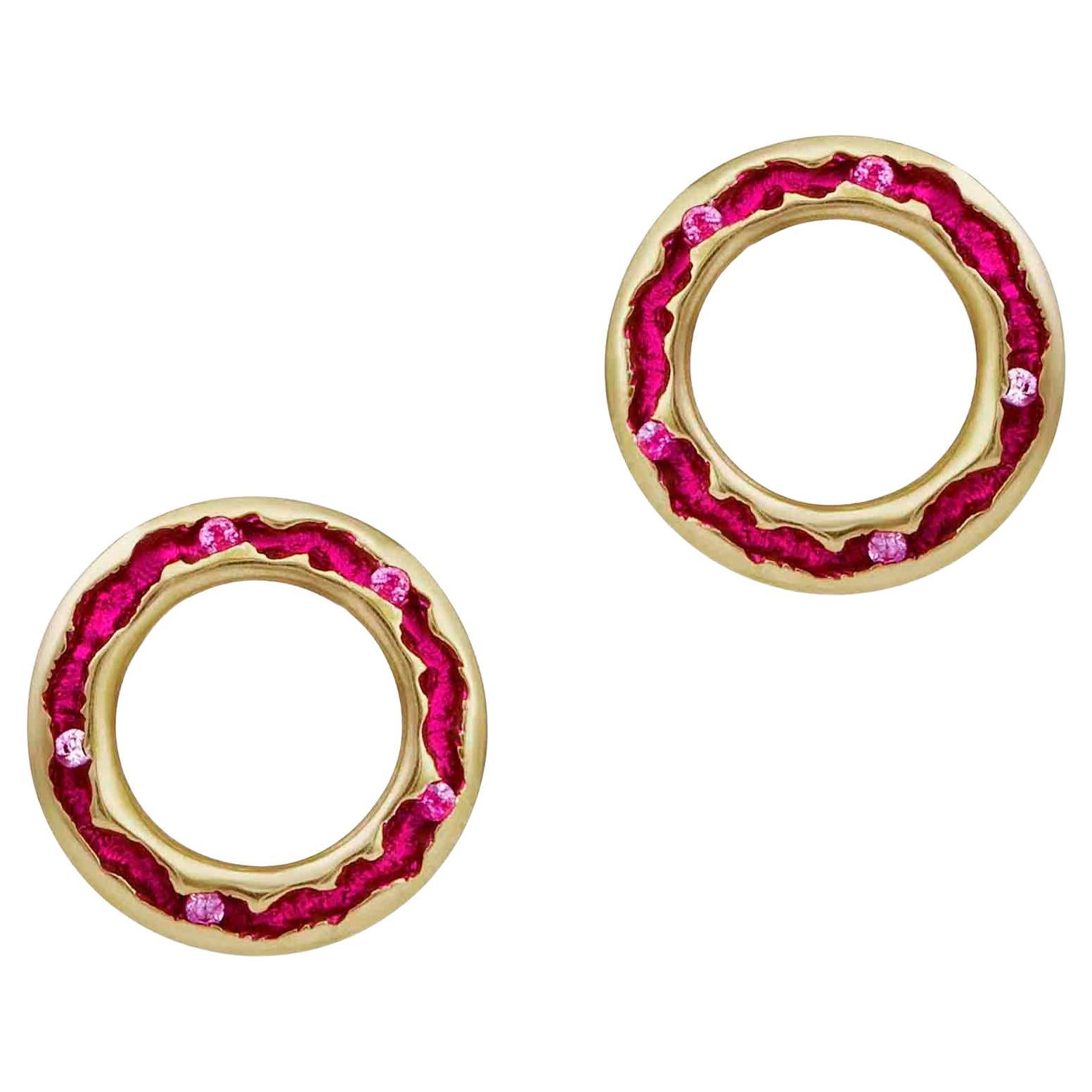 Rock Pool Fuchsia Pink Sapphire Stud Earrings 18ct Yellow Gold For Sale