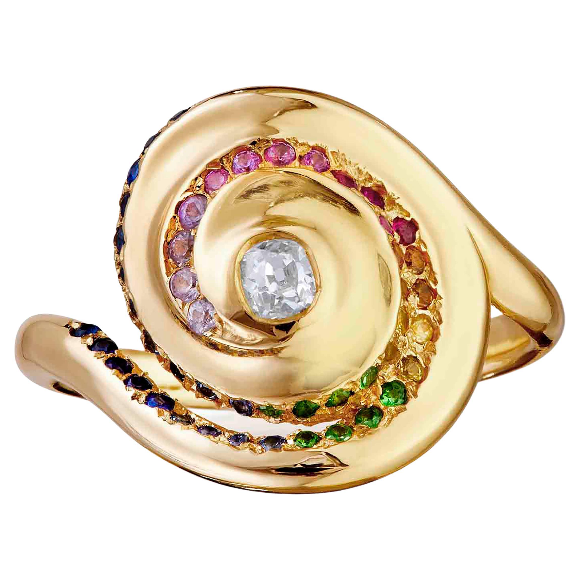 Rock Pool Rainbow Gemstone Spiral 18ct Gold Ring For Sale