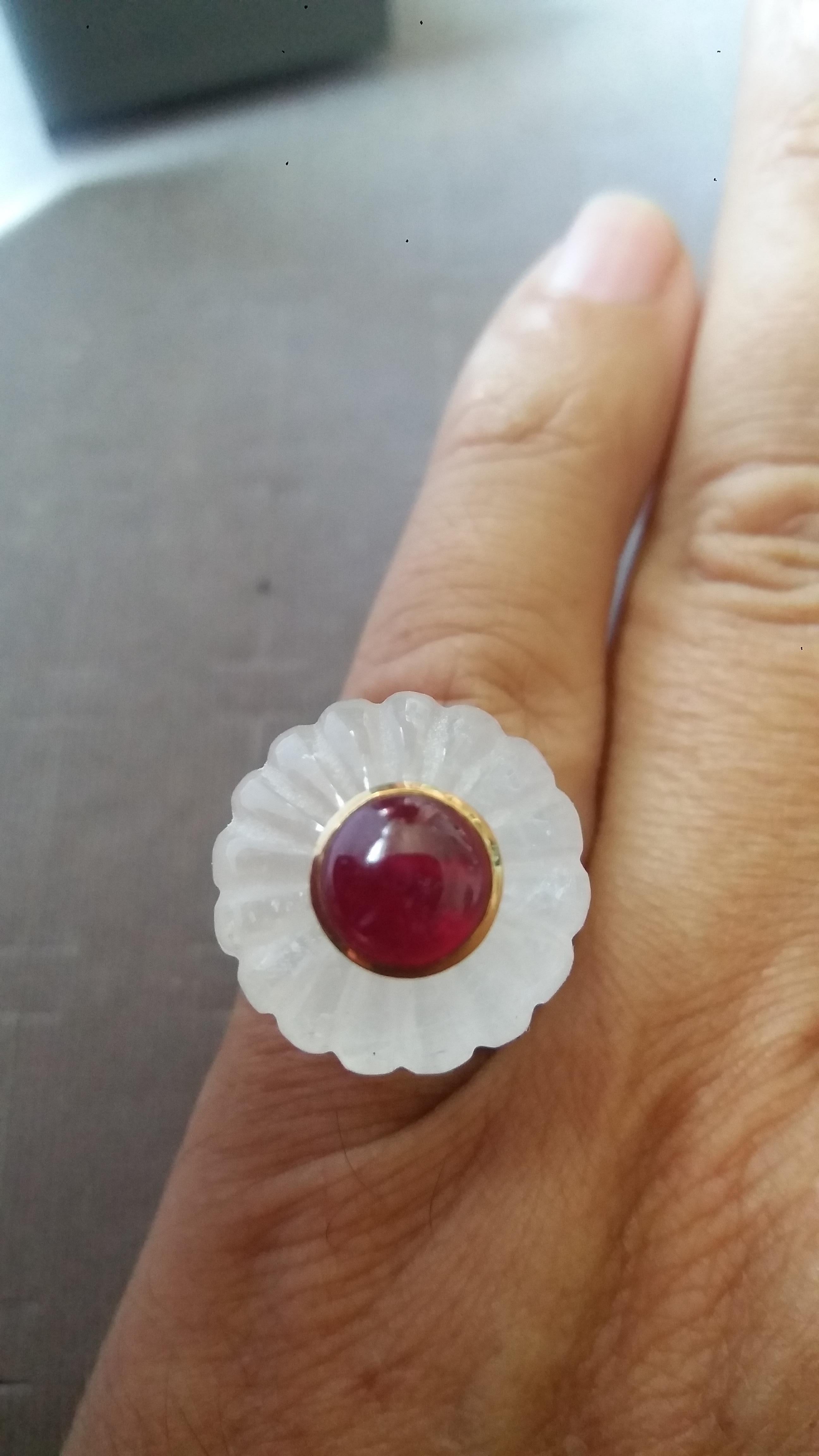 Melon cut Rock Quartz Round Bead of 20 mm. in diameter and 16 mm. thick with in the center a round Ruby cabochon of 8 mm. in diameter set in 14 kt yellow gold is mounted on top of a 14 Kt. yellow gold shank ( actual size #7, but can resize according