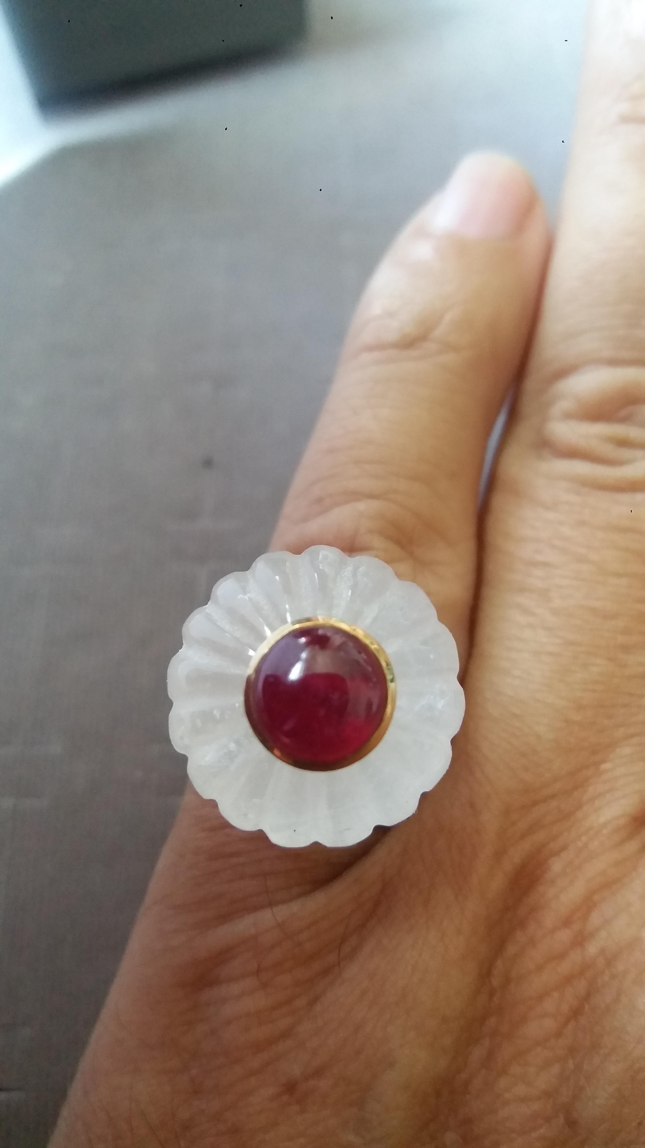 Cuenta redonda de cuarzo de roca de 20 mm. de diámetro y 16 mm. de grosor con un cabujón redondo de rubí de 8 mm. de diámetro engastado en oro amarillo de 14 quilates y montado sobre una espiga de oro amarillo de 14 quilates (tamaño real nº 7, pero