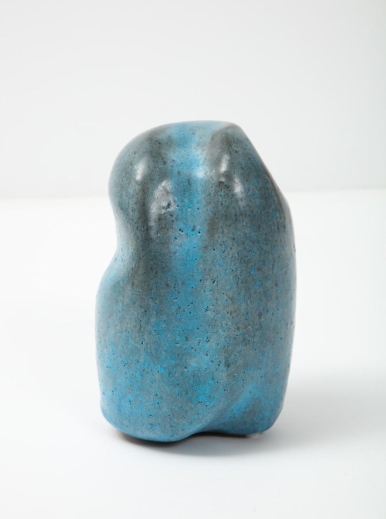 Rock Sculpture #6 by David Haskell. Ceramic sculpture with blue glazes. Artist signed on underside.