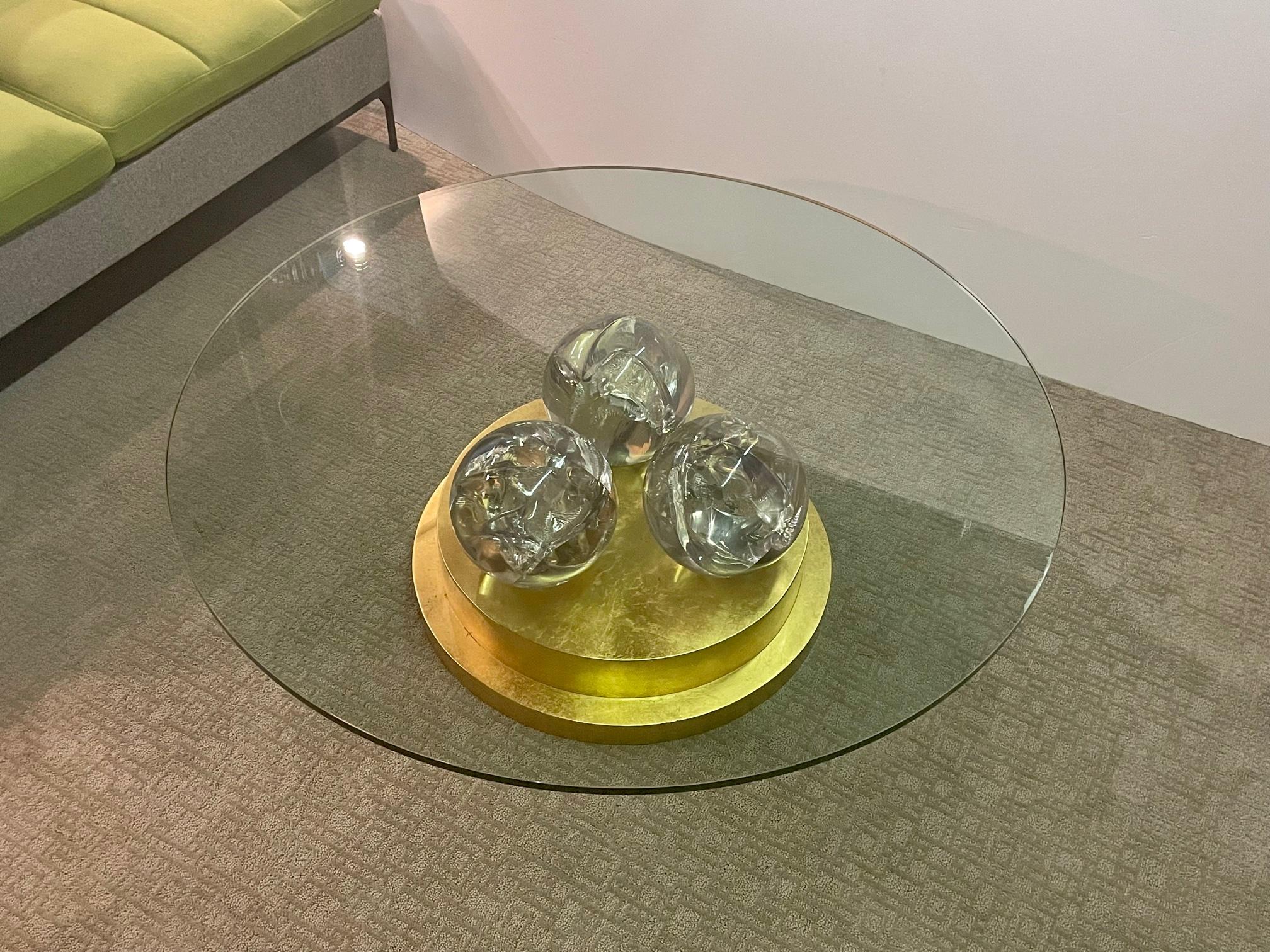 American Rock Star Large Custom Round Giltwood & Glass Coffee Table with Huge Lucite Orbs