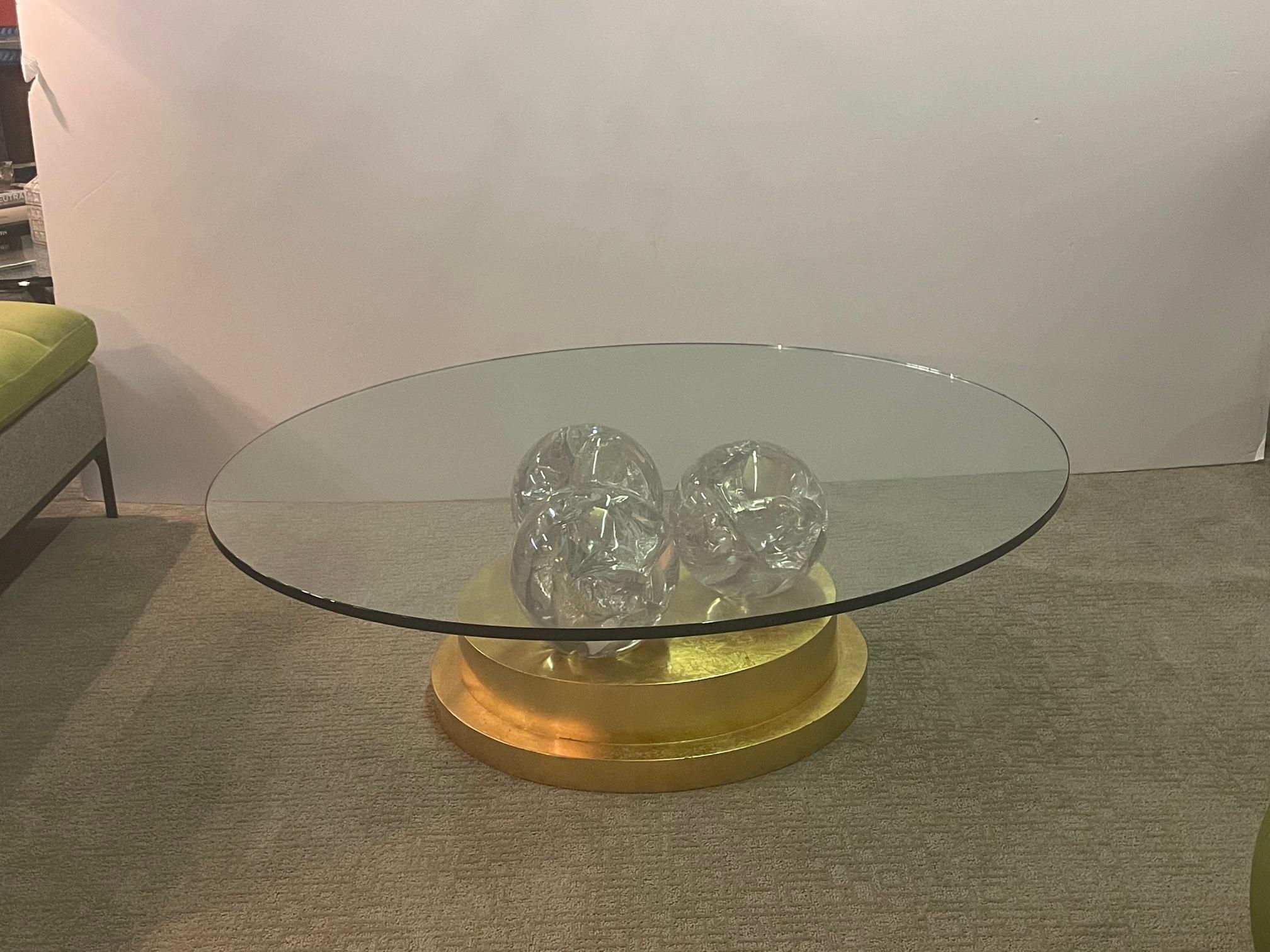 Rock Star Large Custom Round Giltwood & Glass Coffee Table with Huge Lucite Orbs 1